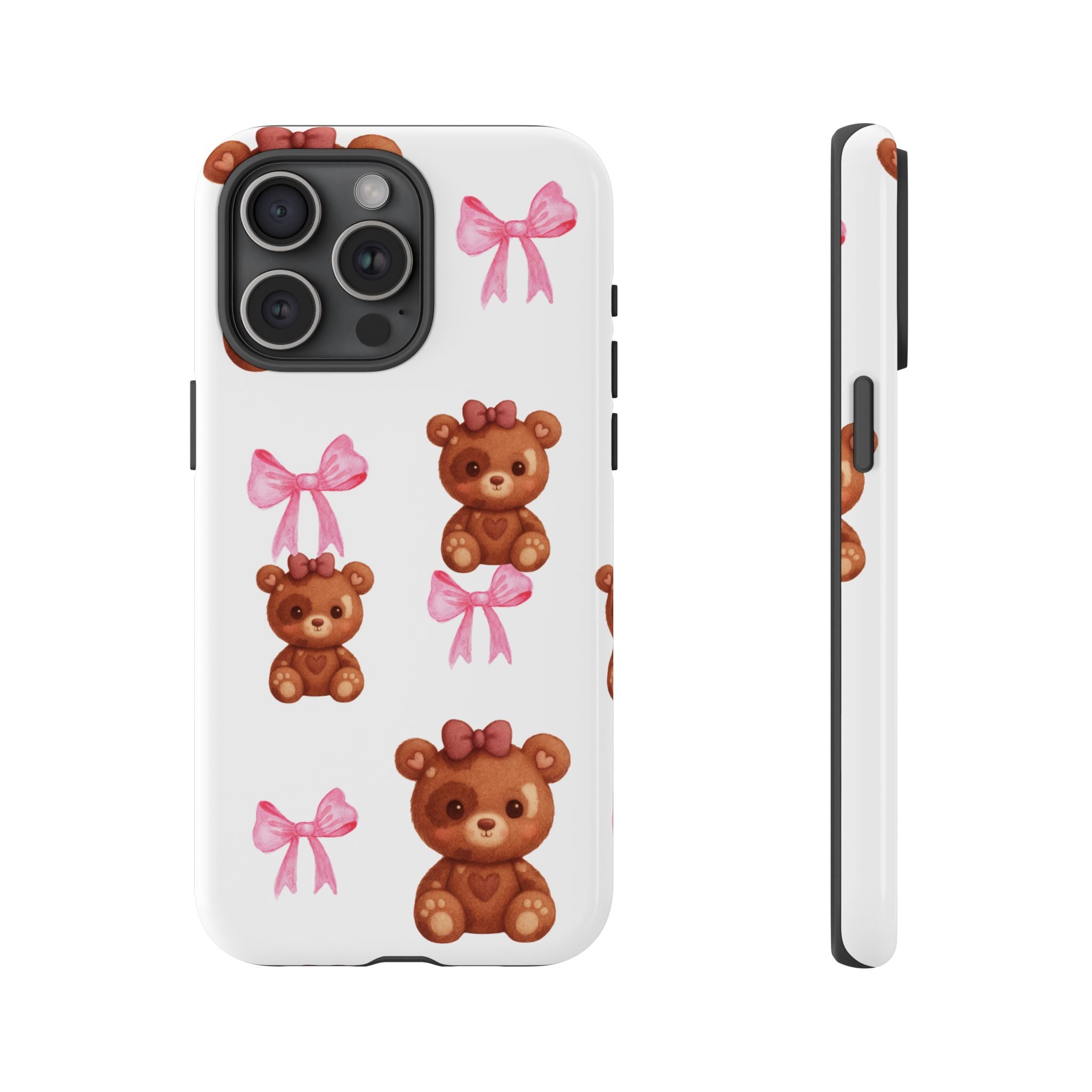 Cute Teddy Bear Phone Case – Pink Bows Patterned Protective iPhone Case