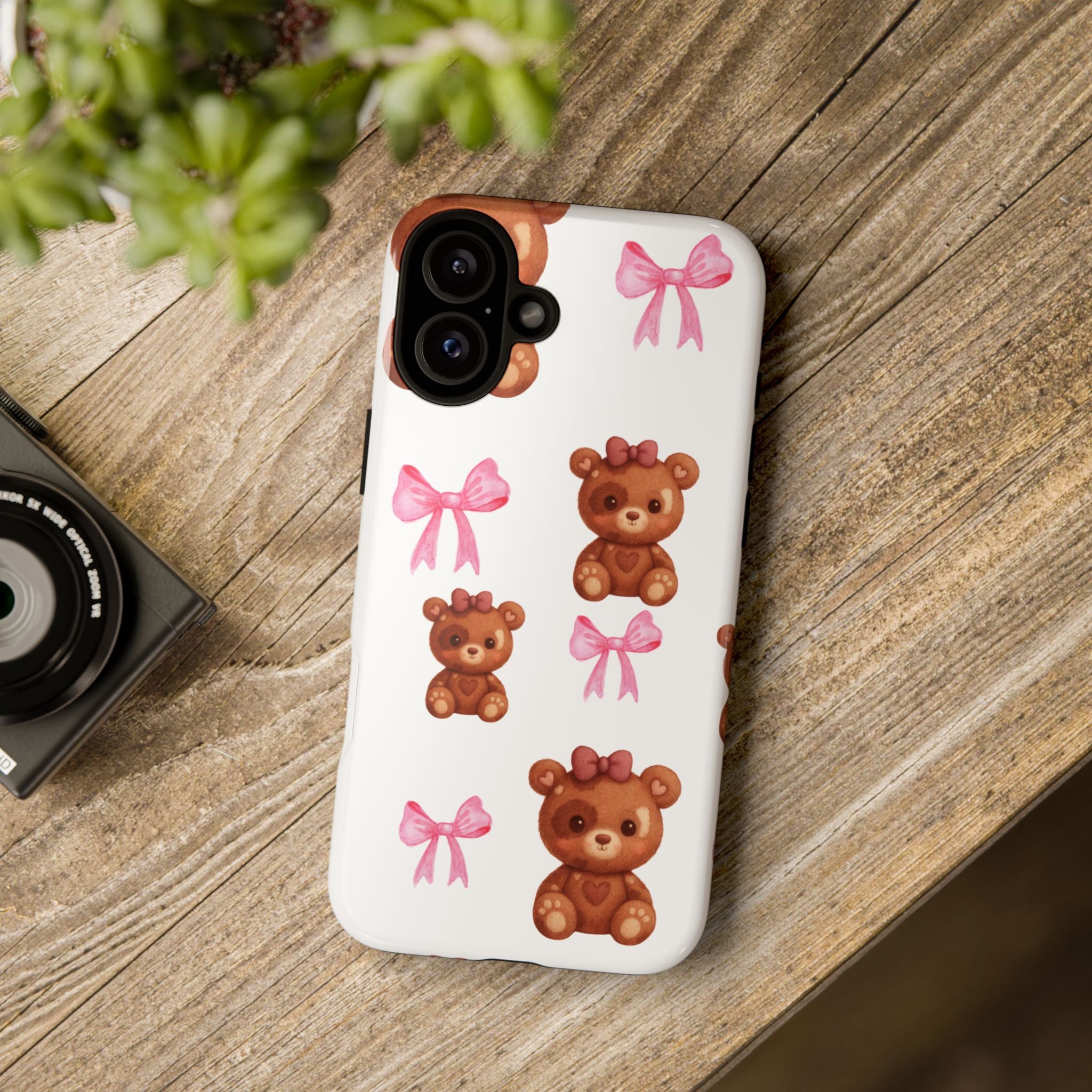 Cute Teddy Bear Phone Case – Pink Bows Patterned Protective iPhone Case