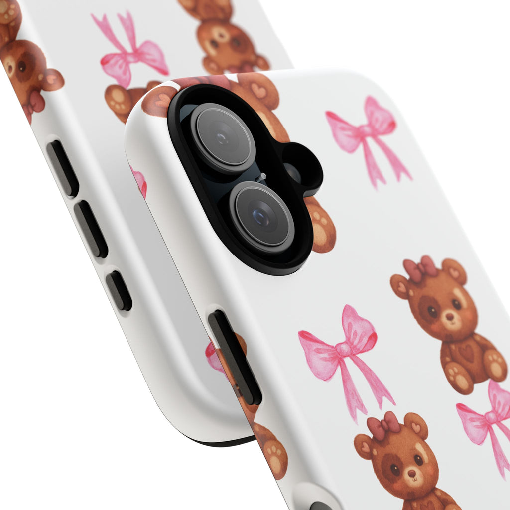Cute Teddy Bear Phone Case – Pink Bows Patterned Protective iPhone Case