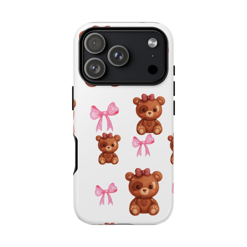 Cute Teddy Bear Phone Case – Pink Bows Patterned Protective iPhone Case