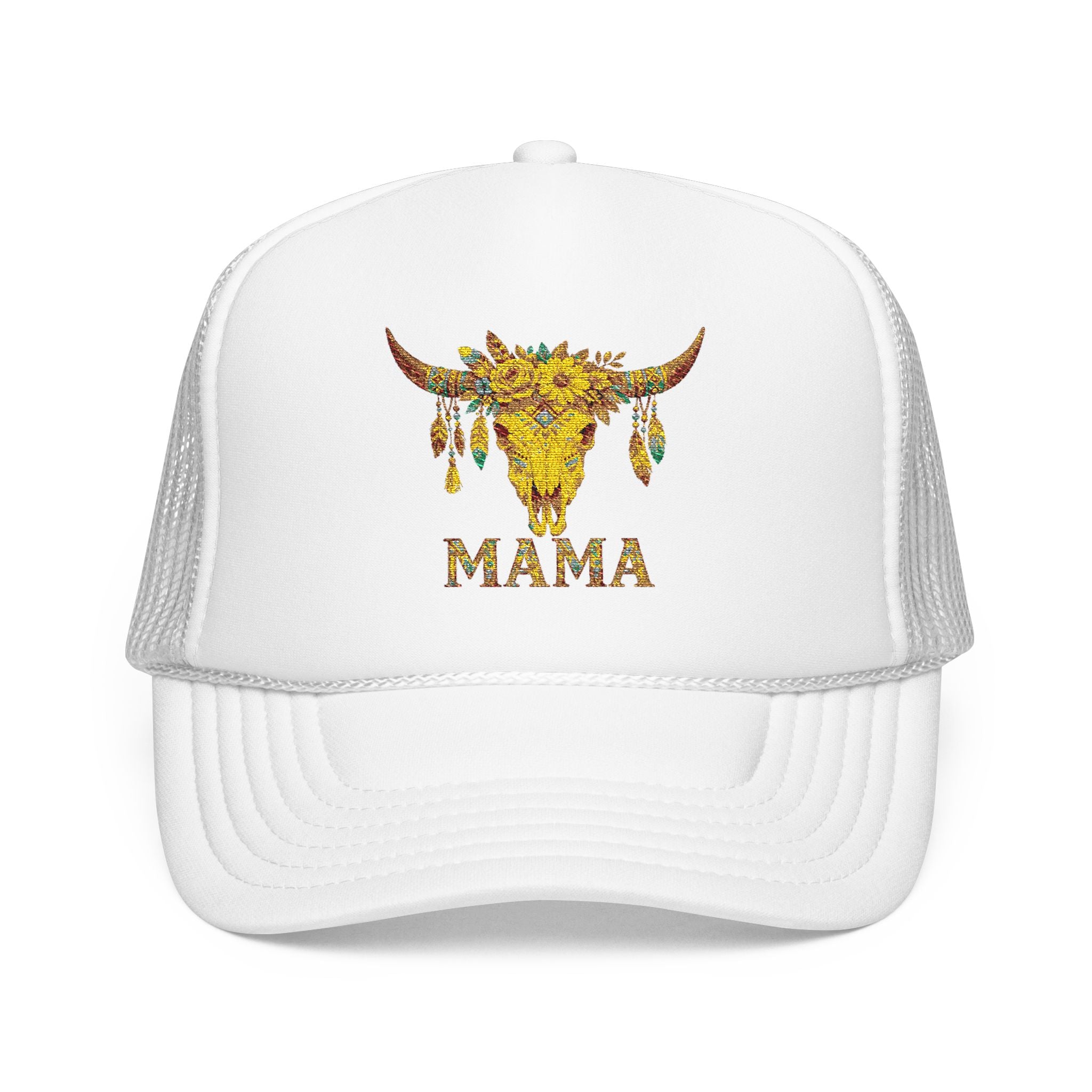 Mama Floral Bull Skull Embroidered Trucker Hat