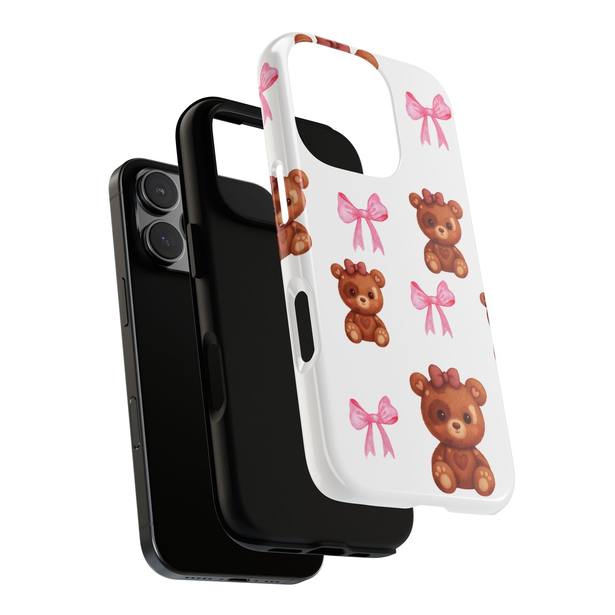 Cute Teddy Bear Phone Case – Pink Bows Patterned Protective iPhone Case