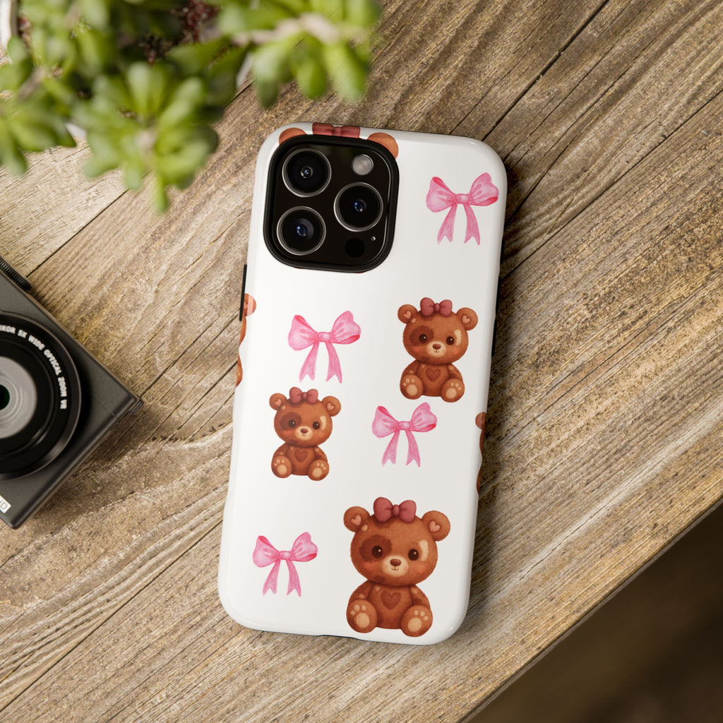 Cute Teddy Bear Phone Case – Pink Bows Patterned Protective iPhone Case