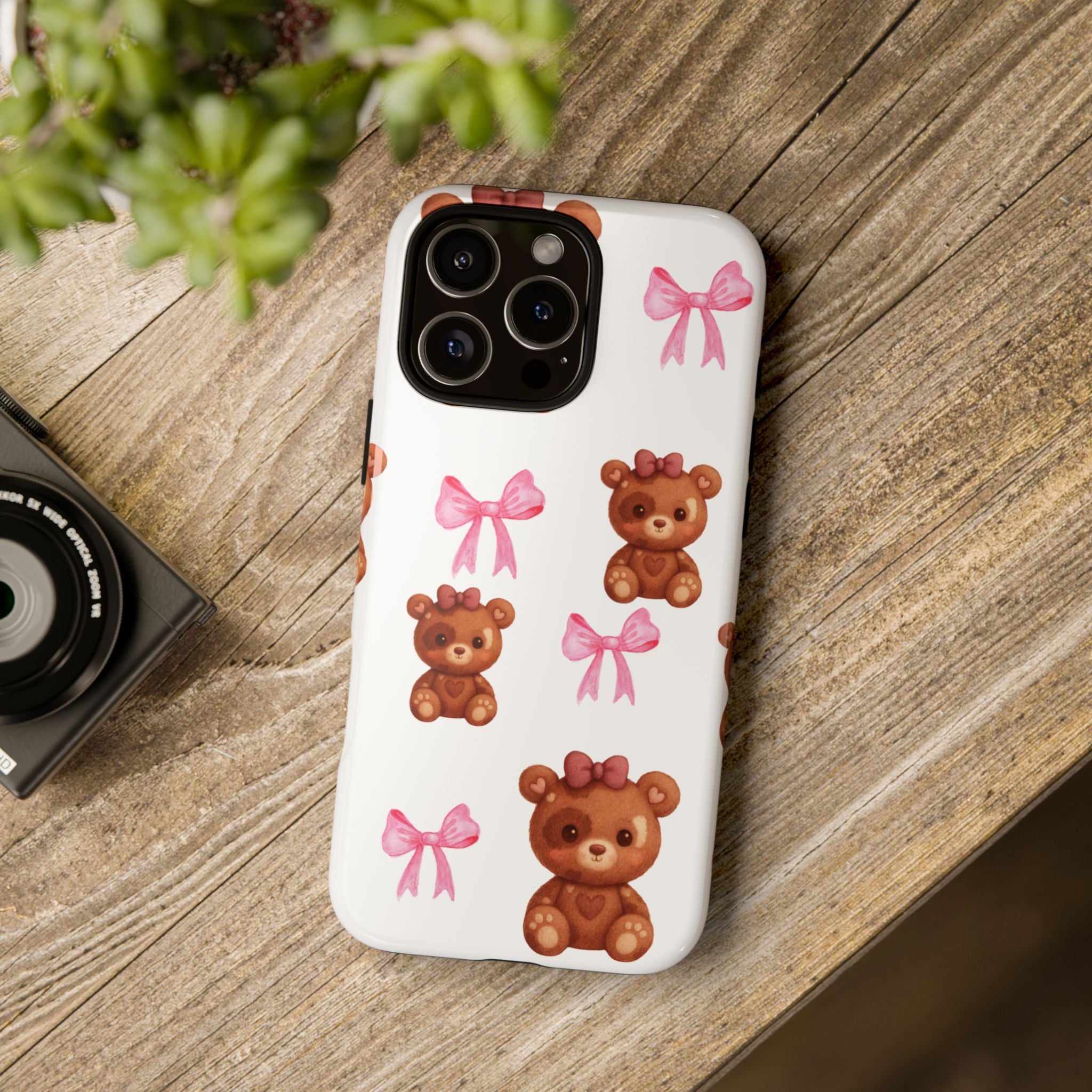 Cute Teddy Bear Phone Case – Pink Bows Patterned Protective iPhone Case
