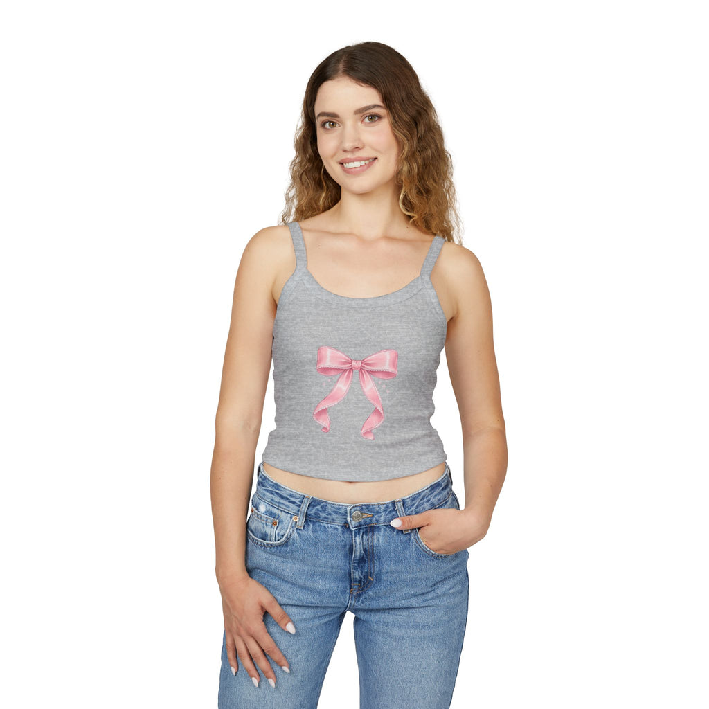 Pink Ribbon Bow Crop Tank Top — Cute Girly Spaghetti Strap Top
