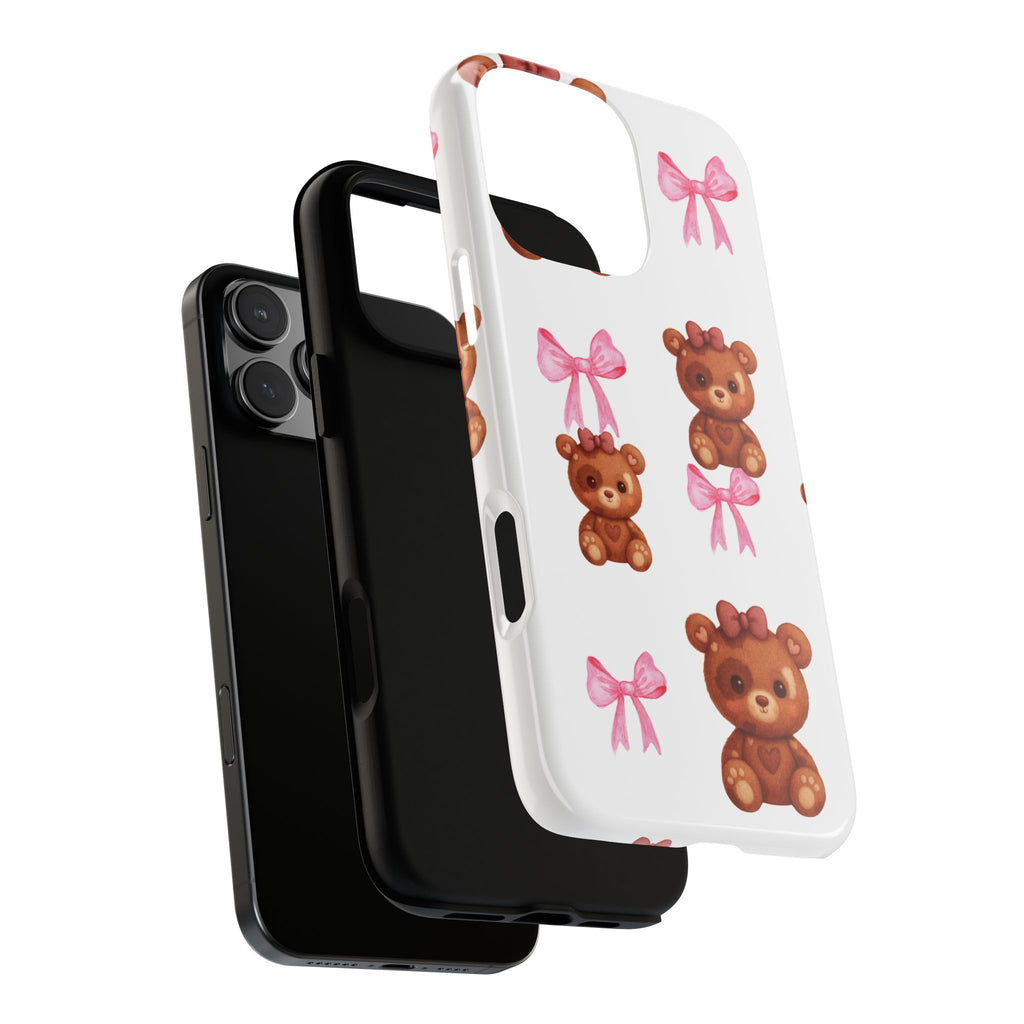 Cute Teddy Bear Phone Case – Pink Bows Patterned Protective iPhone Case