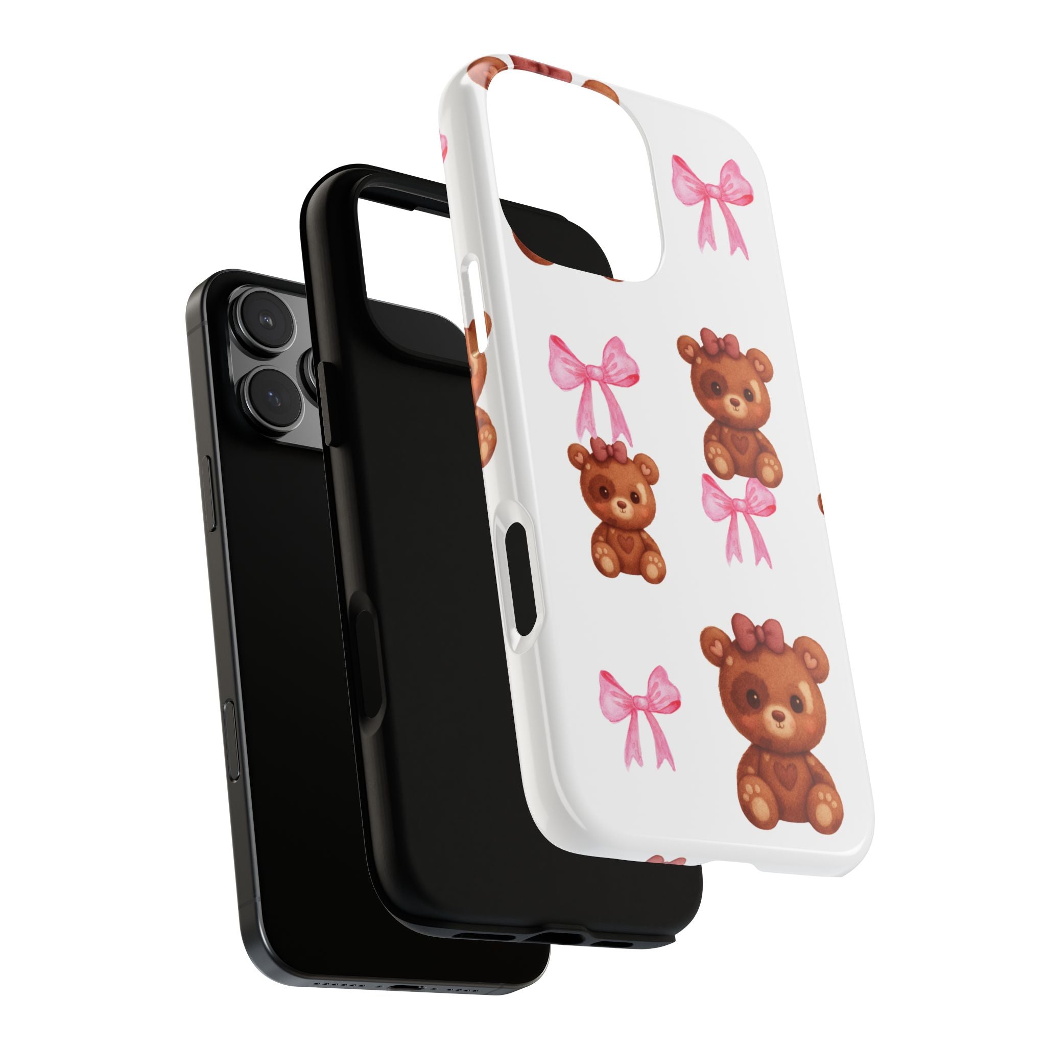 Cute Teddy Bear Phone Case – Pink Bows Patterned Protective iPhone Case