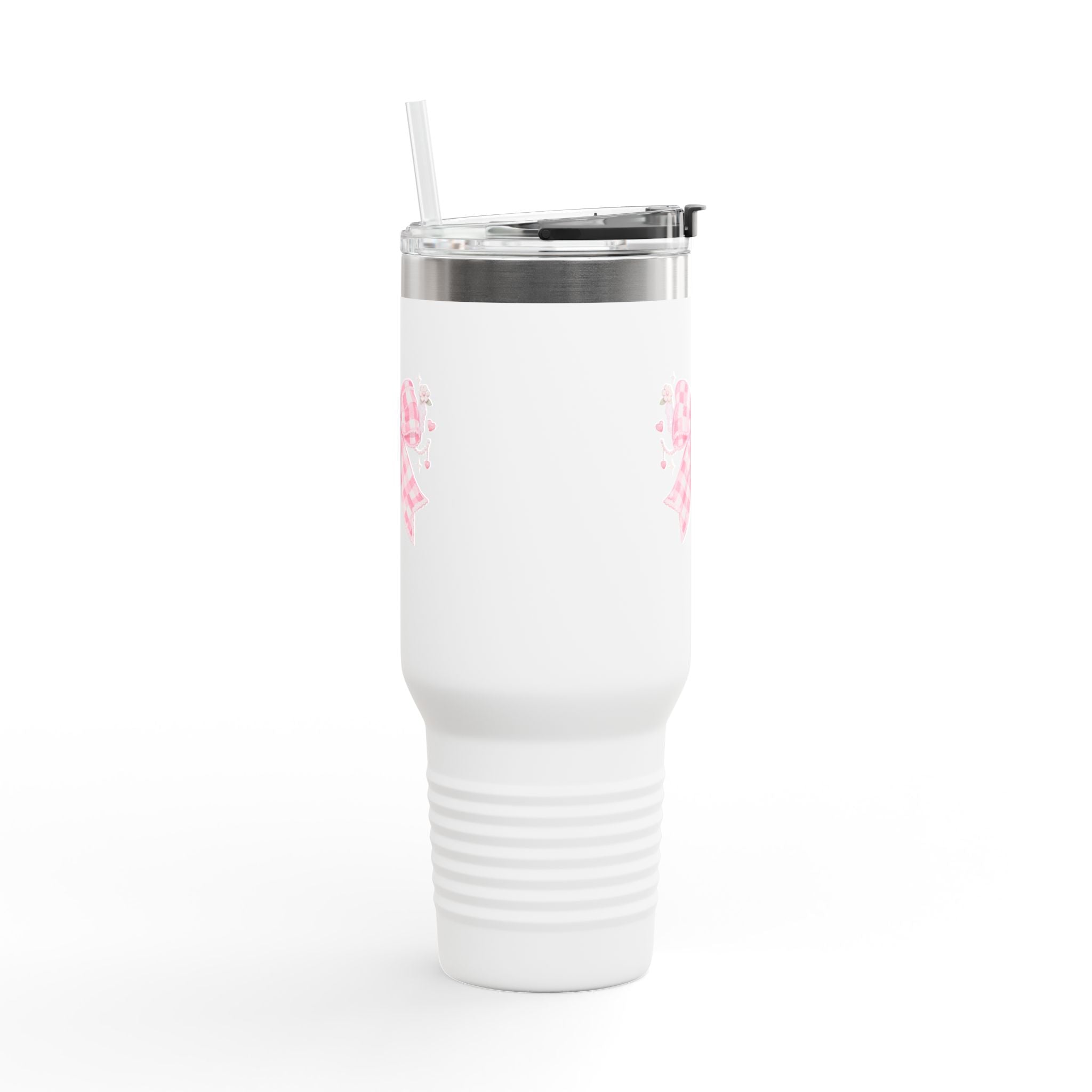40oz Insulated Travel Mug — Pink Gingham Bow Design