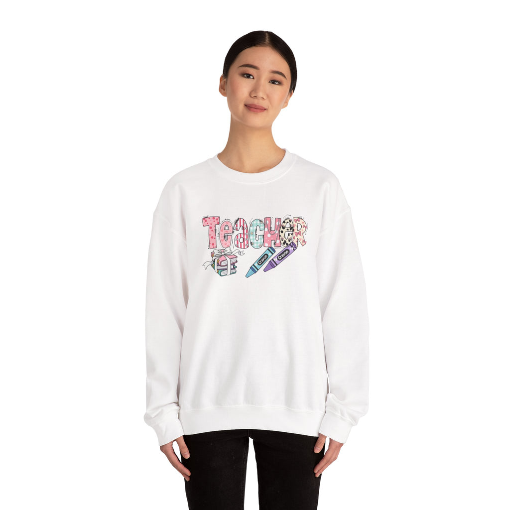 Teacher Floral Crewneck Sweatshirt — Pastel Pencil & Apple Design