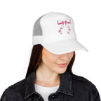 Bow Embroidered Trucker Hat — Pink Ribbon Detail Mesh Cap