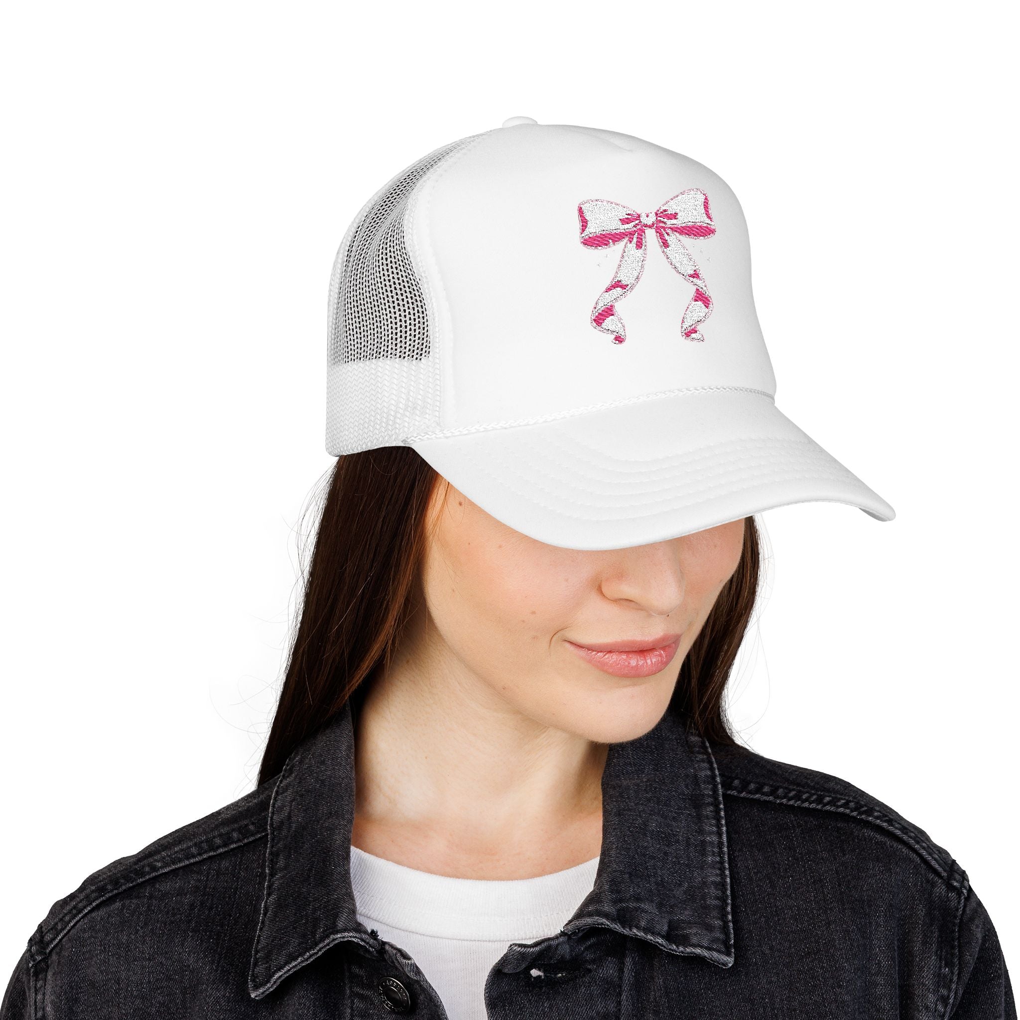 Bow Embroidered Trucker Hat — Pink Ribbon Detail Mesh Cap