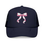 Bow Embroidered Trucker Hat — Pink Ribbon Detail Mesh Cap