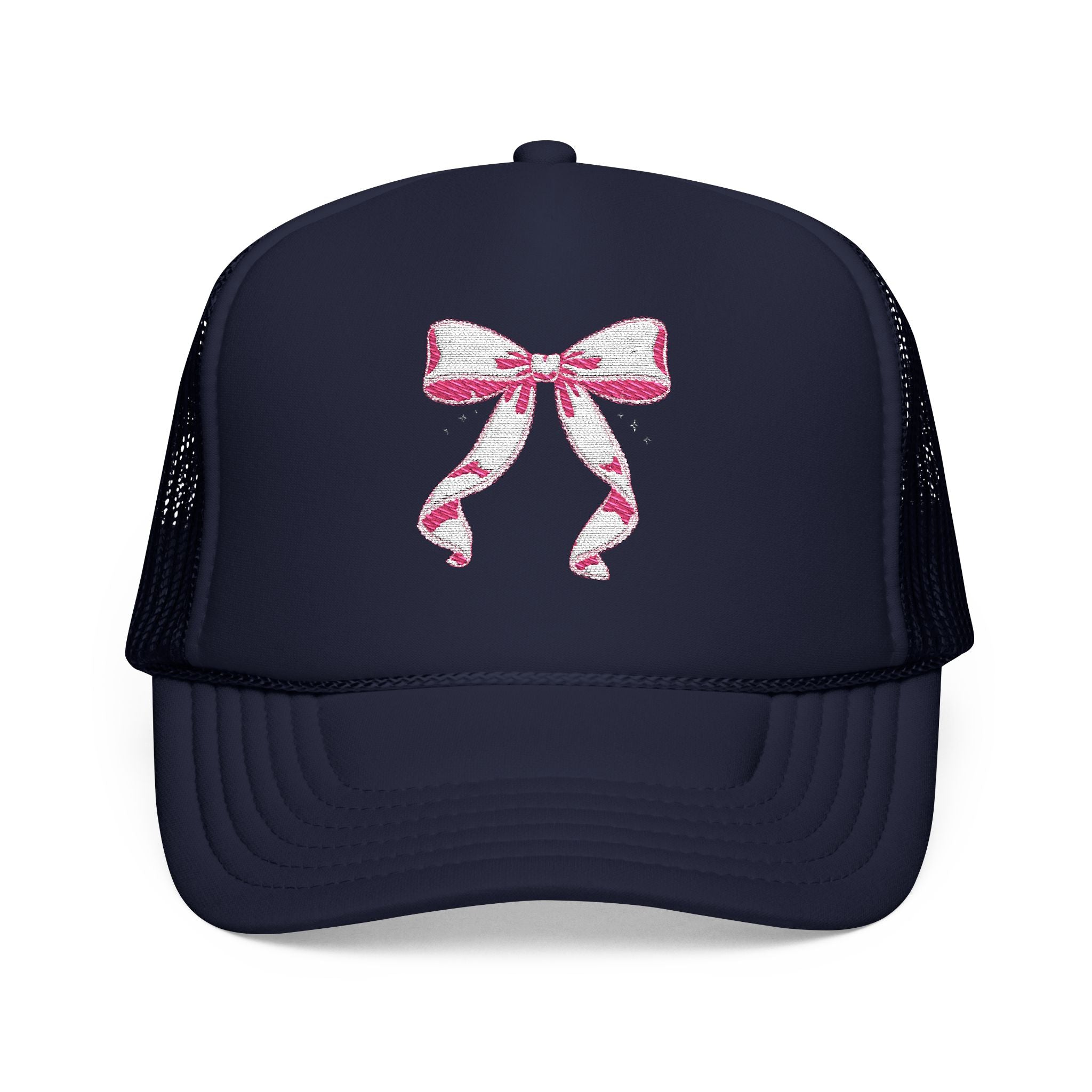 Bow Embroidered Trucker Hat — Pink Ribbon Detail Mesh Cap