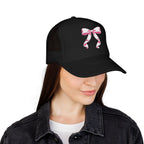 Bow Embroidered Trucker Hat — Pink Ribbon Detail Mesh Cap