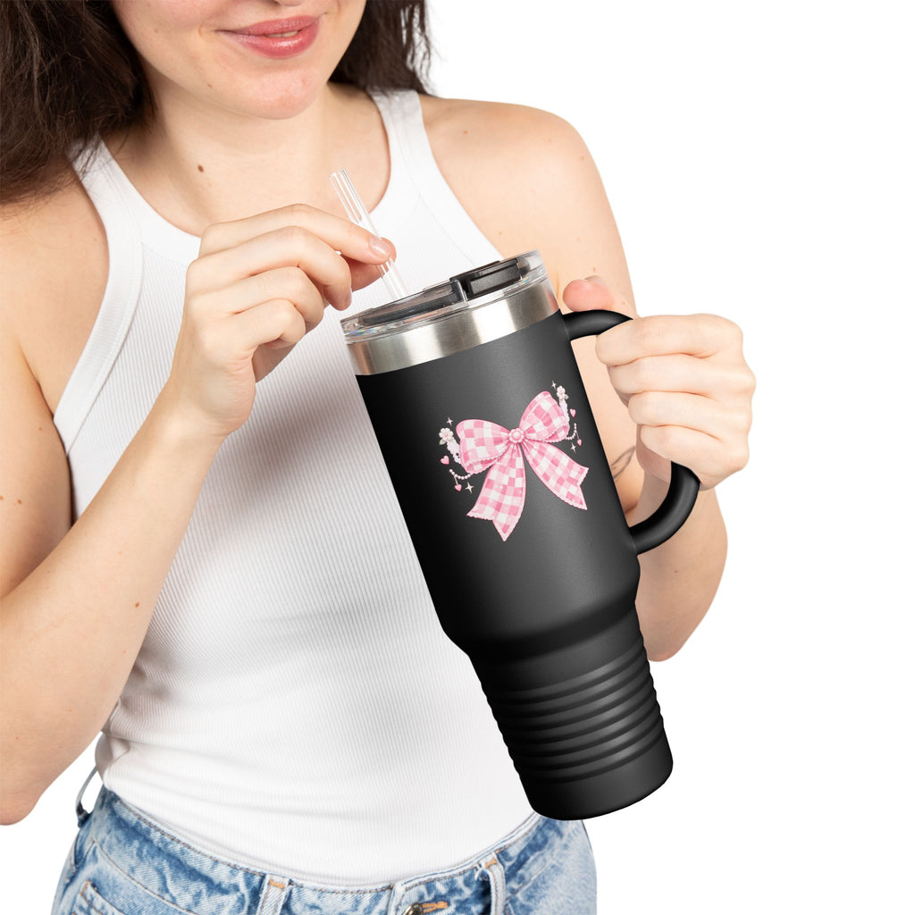 40oz Insulated Travel Mug — Pink Gingham Bow Design