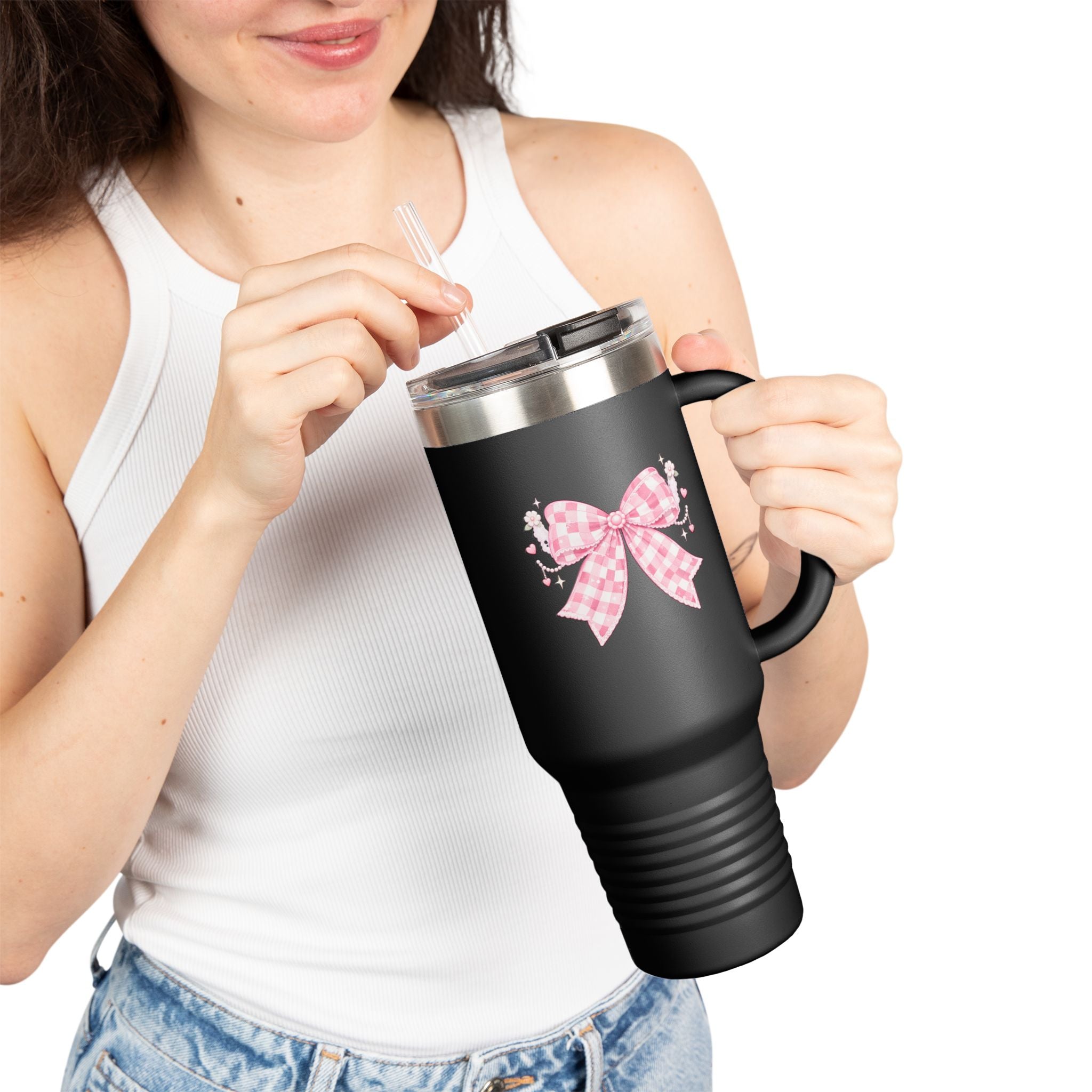 40oz Insulated Travel Mug — Pink Gingham Bow Design