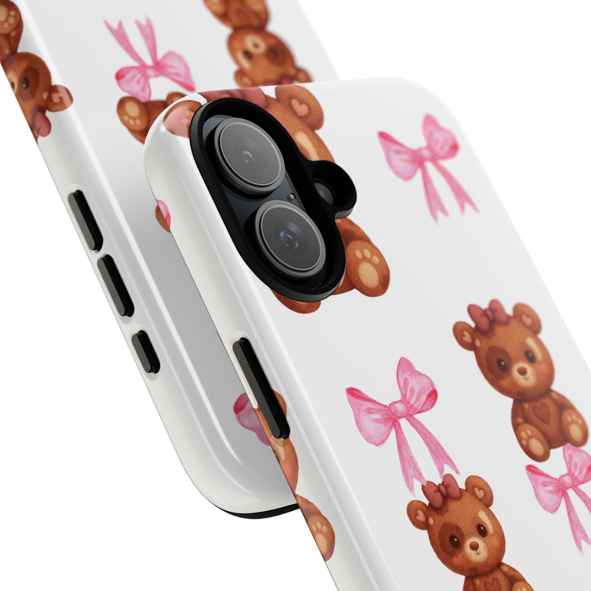 Cute Teddy Bear Phone Case – Pink Bows Patterned Protective iPhone Case