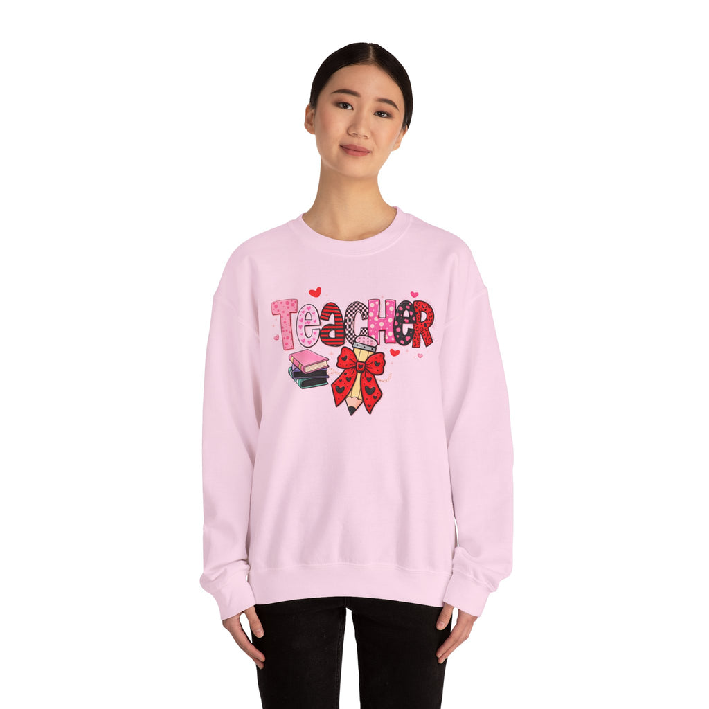 Teacher Crewneck Sweatshirt — Cute Pink Bow & Books Design | Teacher Appreciation Gift