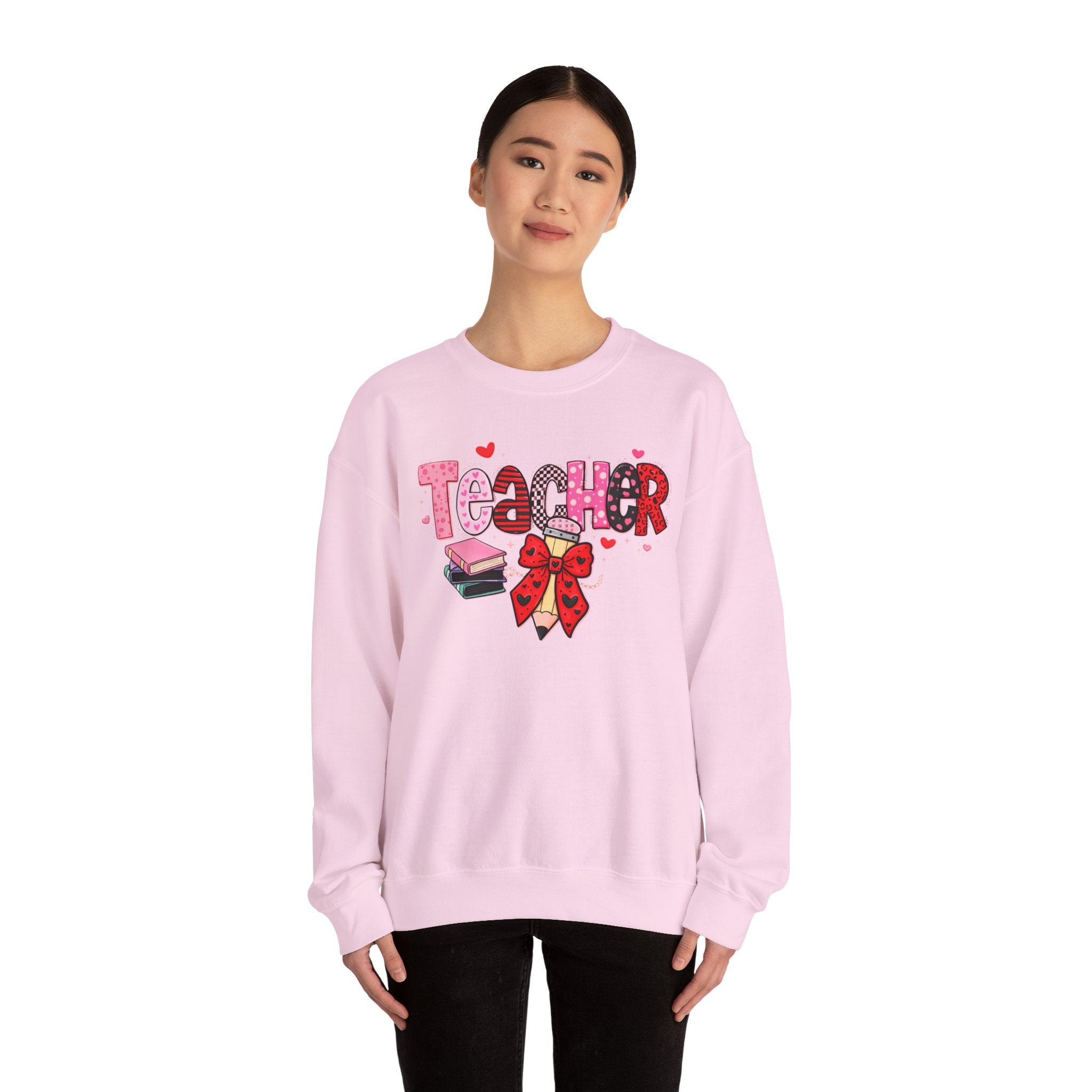 Teacher Crewneck Sweatshirt — Cute Pink Bow & Books Design | Teacher Appreciation Gift