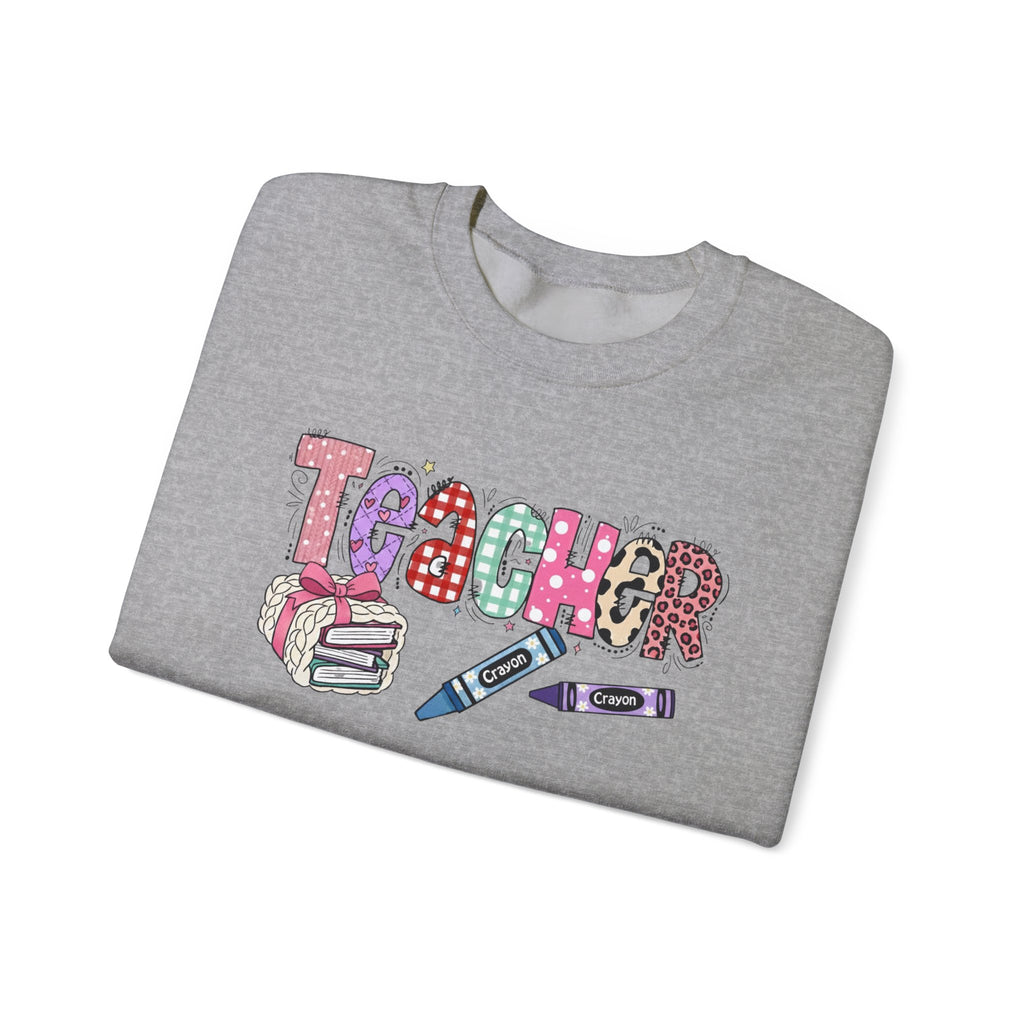 Teacher Crewneck Sweatshirt – Colorful 'Teacher' Design with Books & Crayons, Teacher Appreciation Gift