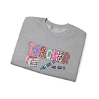Teacher Crewneck Sweatshirt – Colorful 'Teacher' Design with Books & Crayons, Teacher Appreciation Gift
