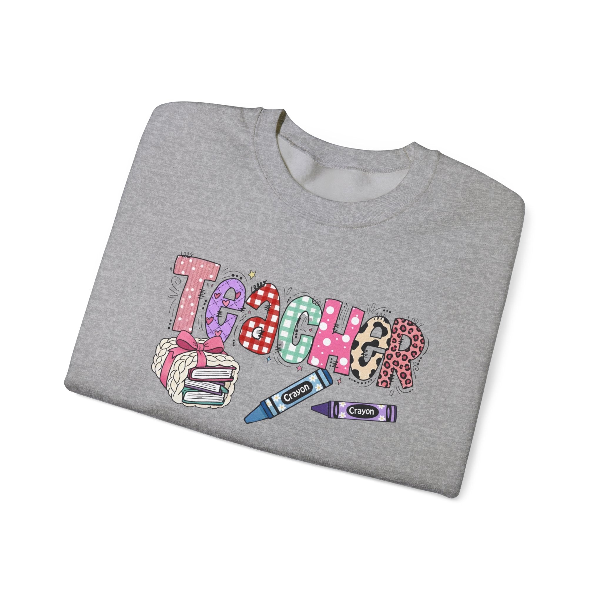 Teacher Crewneck Sweatshirt – Colorful 'Teacher' Design with Books & Crayons, Teacher Appreciation Gift