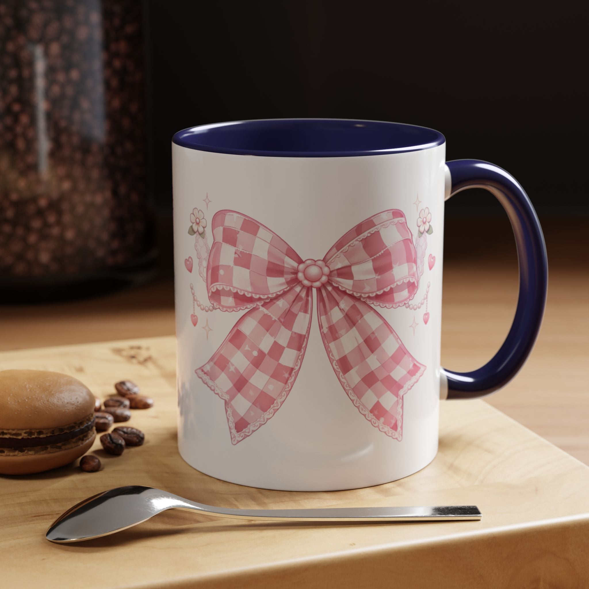 Pink Gingham Bow Accent Coffee Mug (11/15oz) — Cute Cottagecore Kitchen Gift