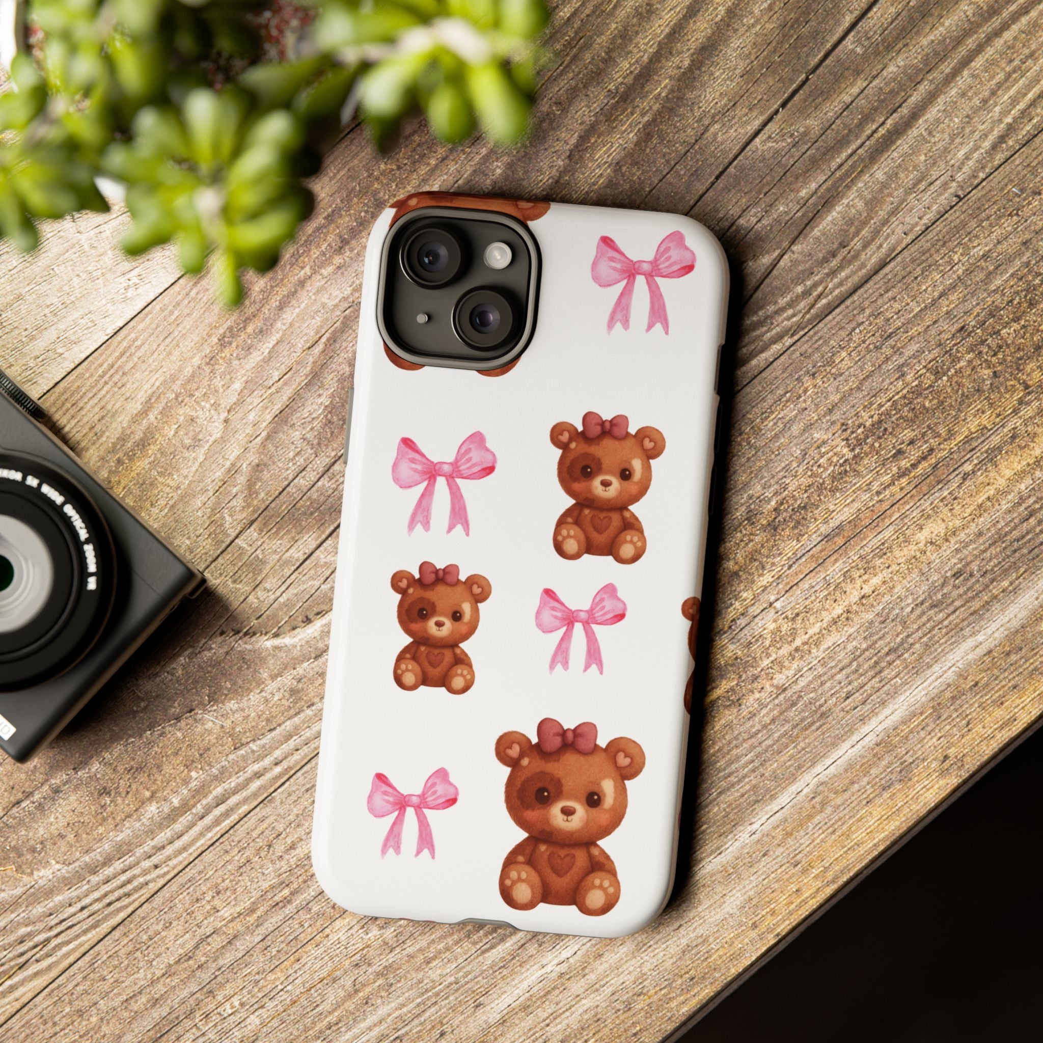Cute Teddy Bear Phone Case – Pink Bows Patterned Protective iPhone Case