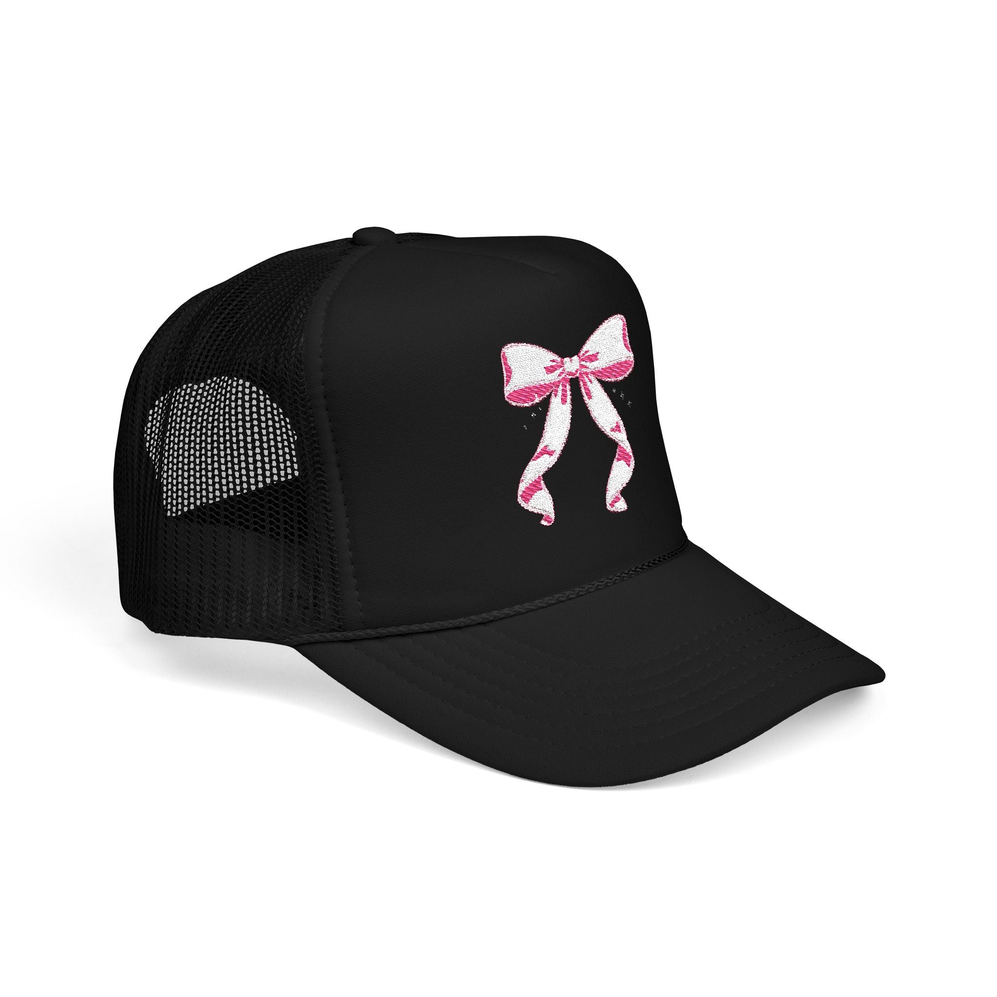 Bow Embroidered Trucker Hat — Pink Ribbon Detail Mesh Cap