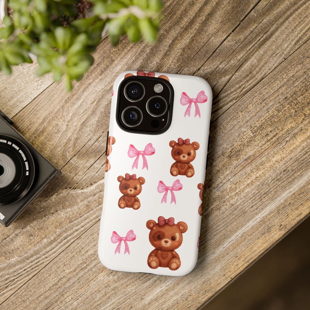 Cute Teddy Bear Phone Case – Pink Bows Patterned Protective iPhone Case
