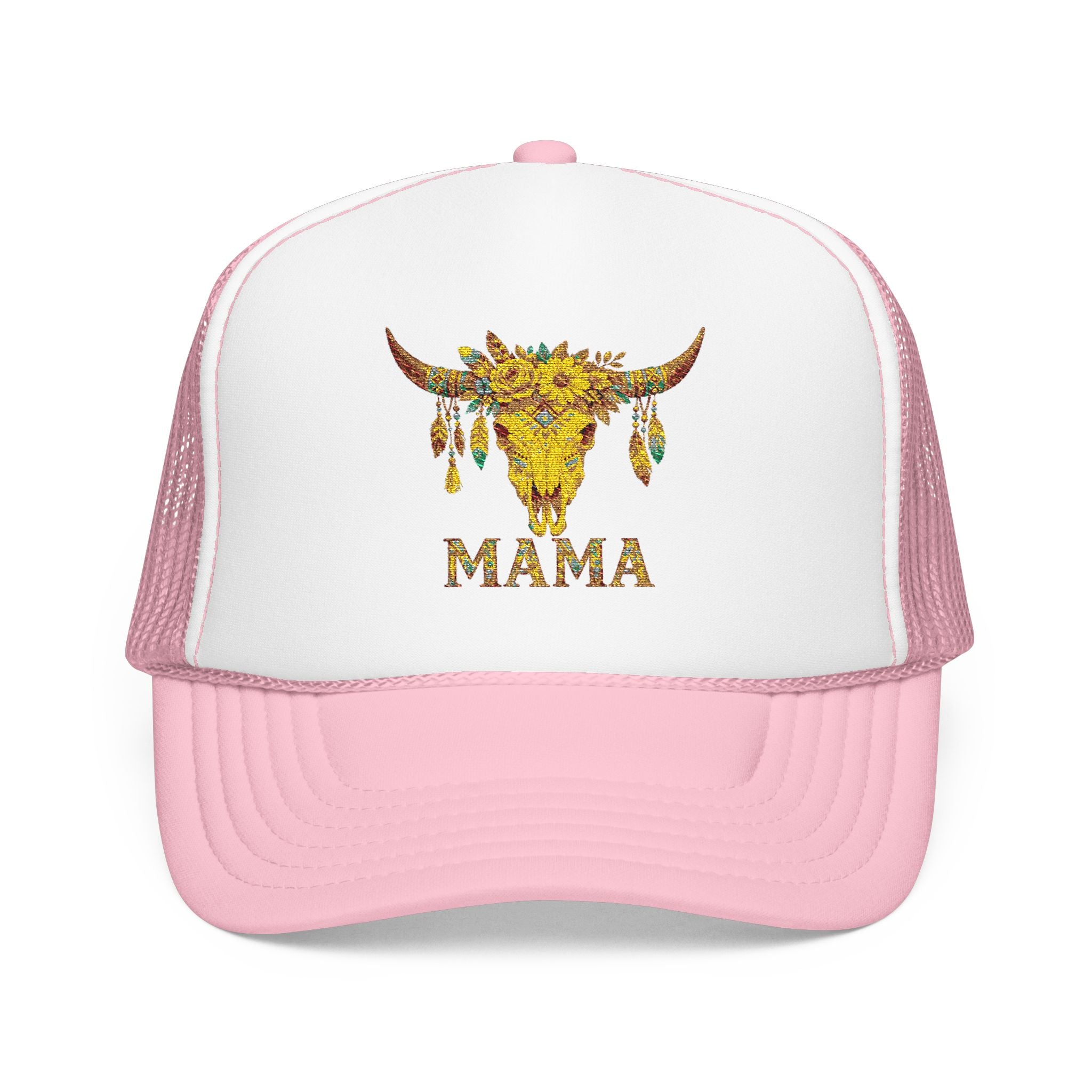 Mama Floral Bull Skull Embroidered Trucker Hat