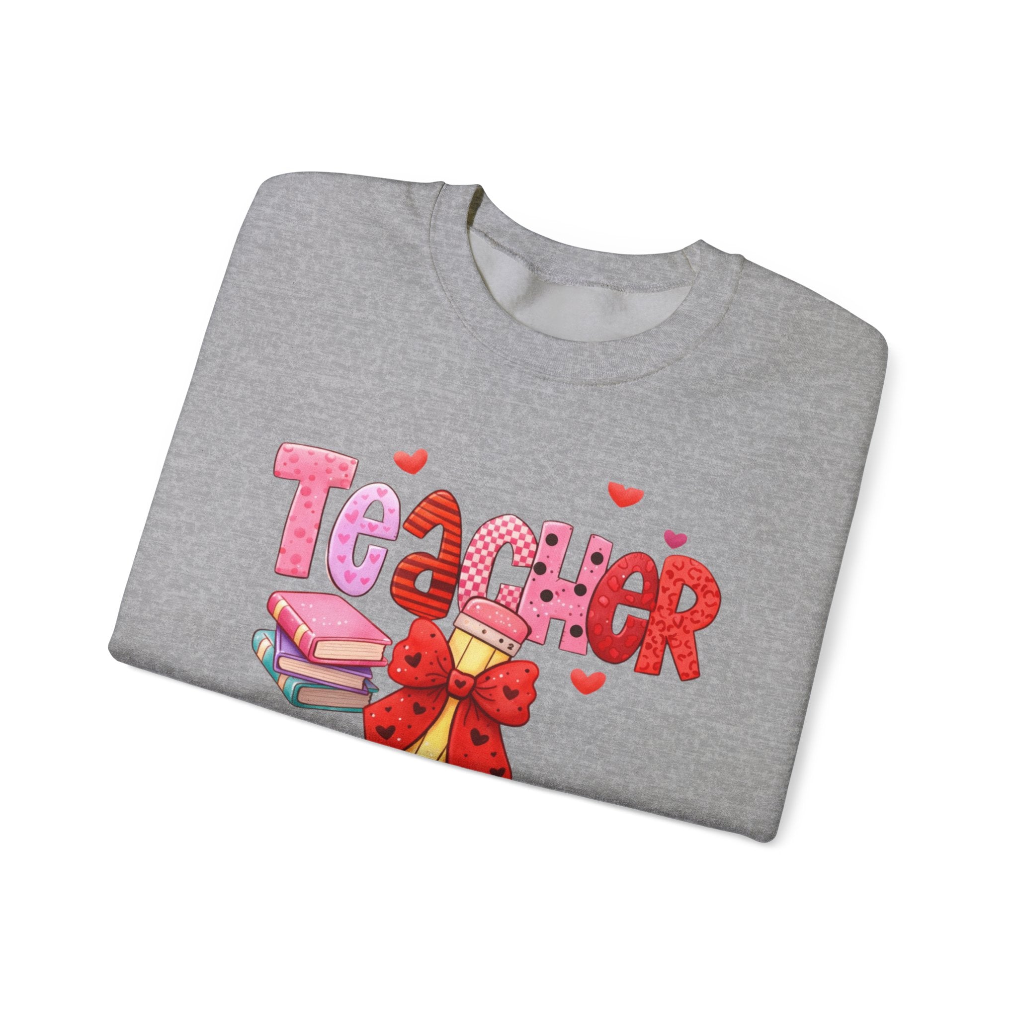 Teacher Heart Graphic Sweatshirt — Cute Books & Bow Design, Perfect for Teacher Gifts