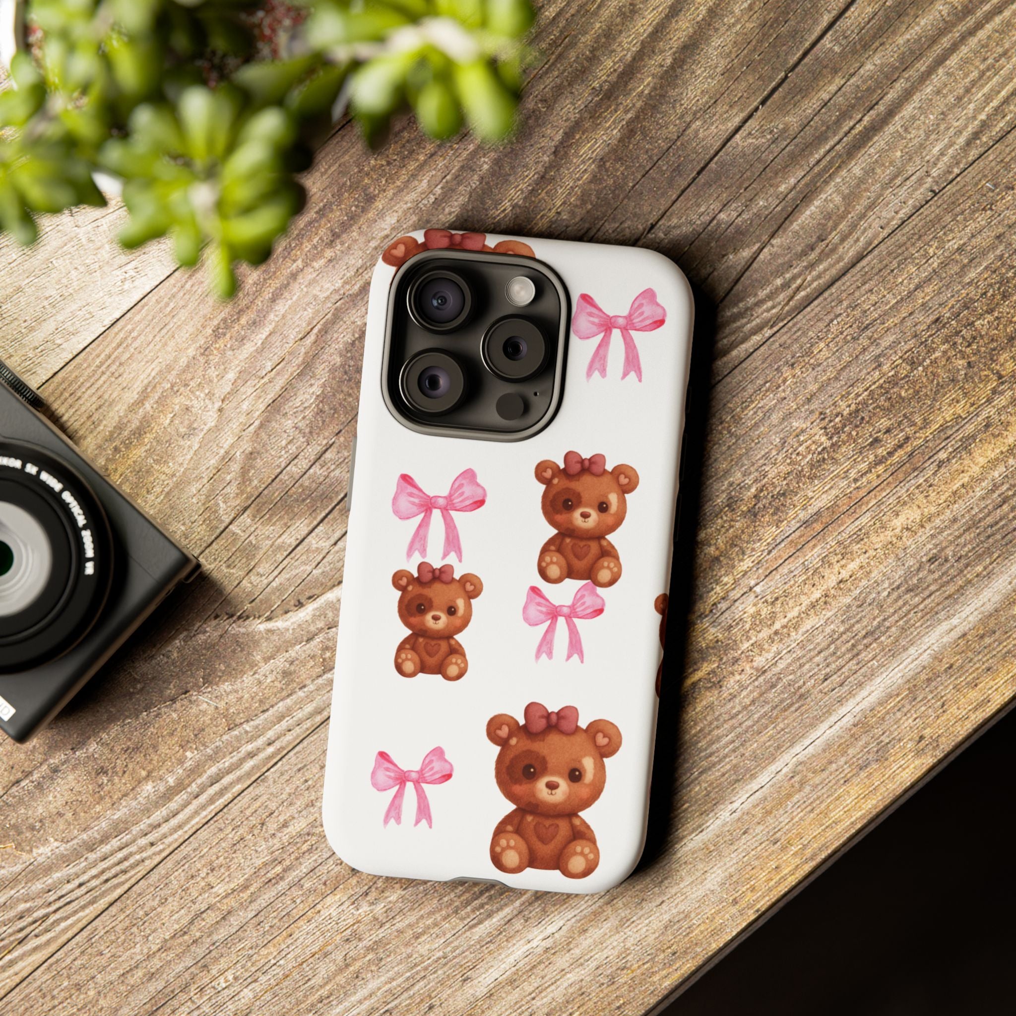 Cute Teddy Bear Phone Case – Pink Bows Patterned Protective iPhone Case