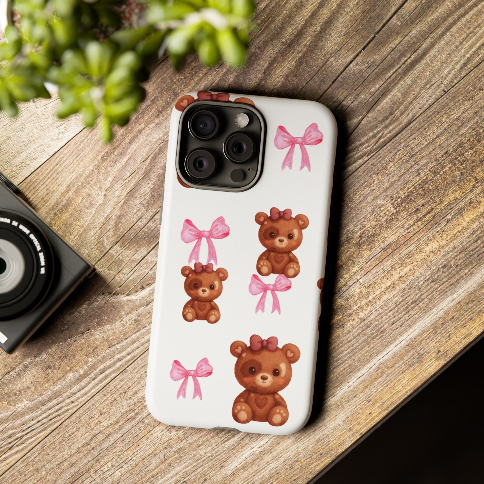 Cute Teddy Bear Phone Case – Pink Bows Patterned Protective iPhone Case