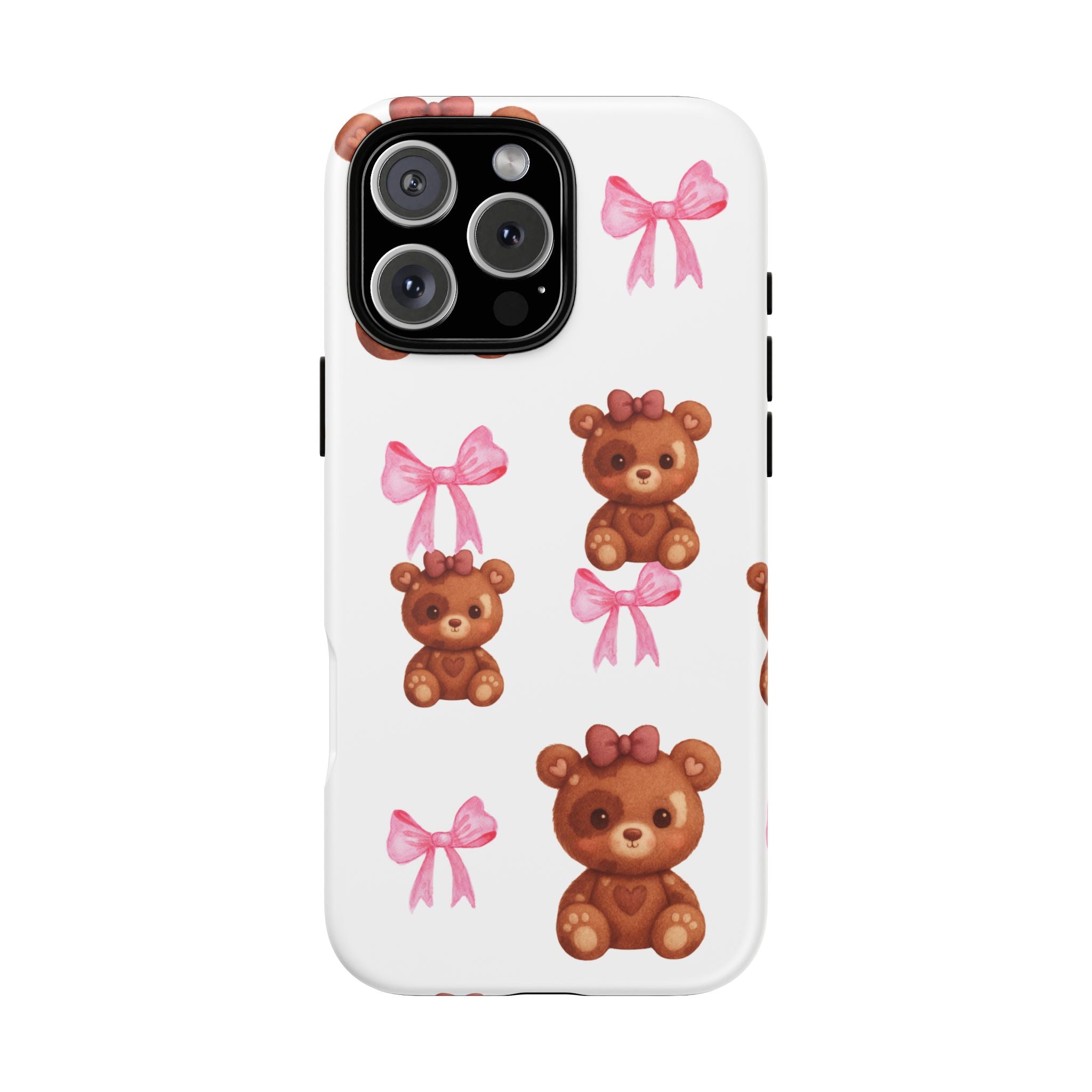 Cute Teddy Bear Phone Case – Pink Bows Patterned Protective iPhone Case