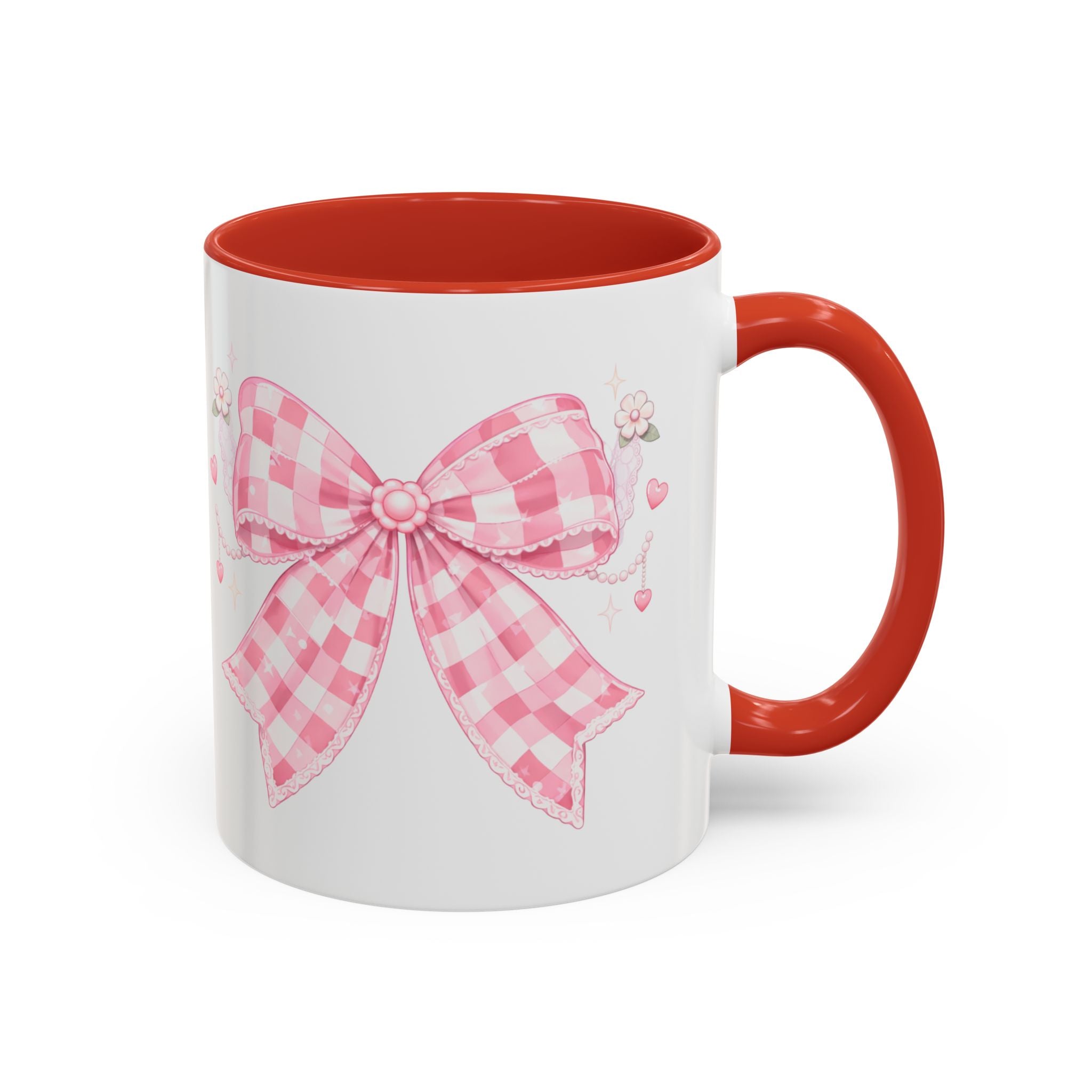 Pink Gingham Bow Accent Coffee Mug (11/15oz) — Cute Cottagecore Kitchen Gift