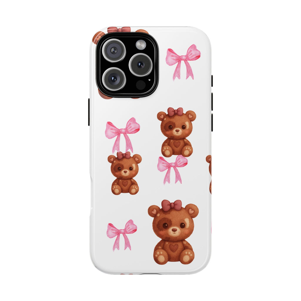 Cute Teddy Bear Phone Case – Pink Bows Patterned Protective iPhone Case
