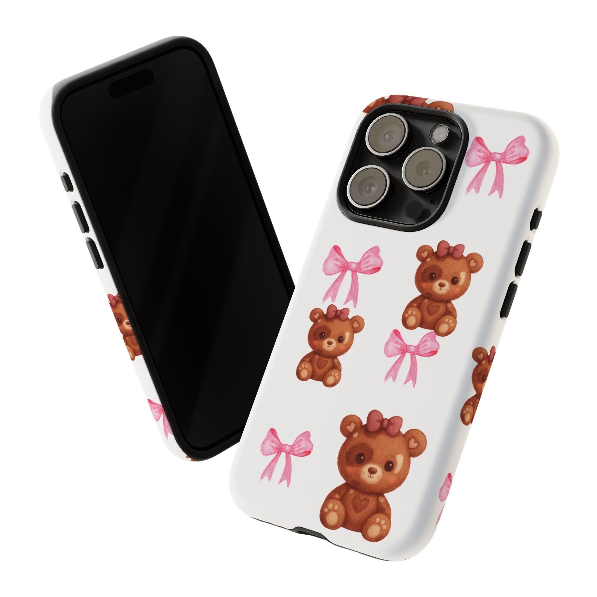 Cute Teddy Bear Phone Case – Pink Bows Patterned Protective iPhone Case