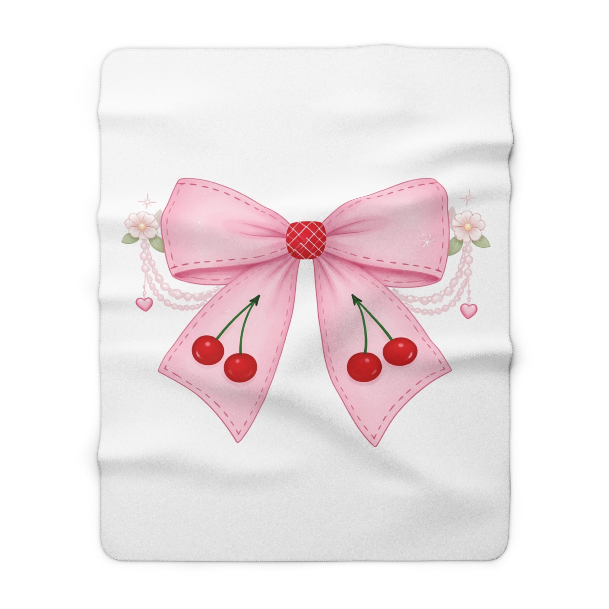 Cherry Bow Sherpa Blanket — Cute Pink Ribbon & Cherries Cozy Throw