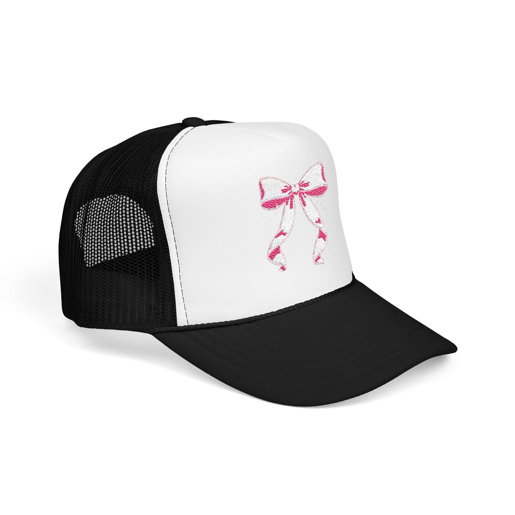 Bow Embroidered Trucker Hat — Pink Ribbon Detail Mesh Cap
