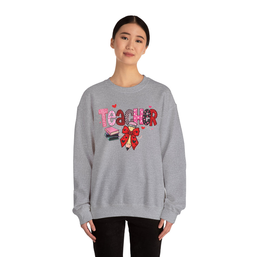 Teacher Crewneck Sweatshirt — Cute Pink Bow & Books Design | Teacher Appreciation Gift