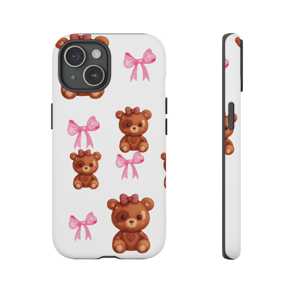 Cute Teddy Bear Phone Case – Pink Bows Patterned Protective iPhone Case