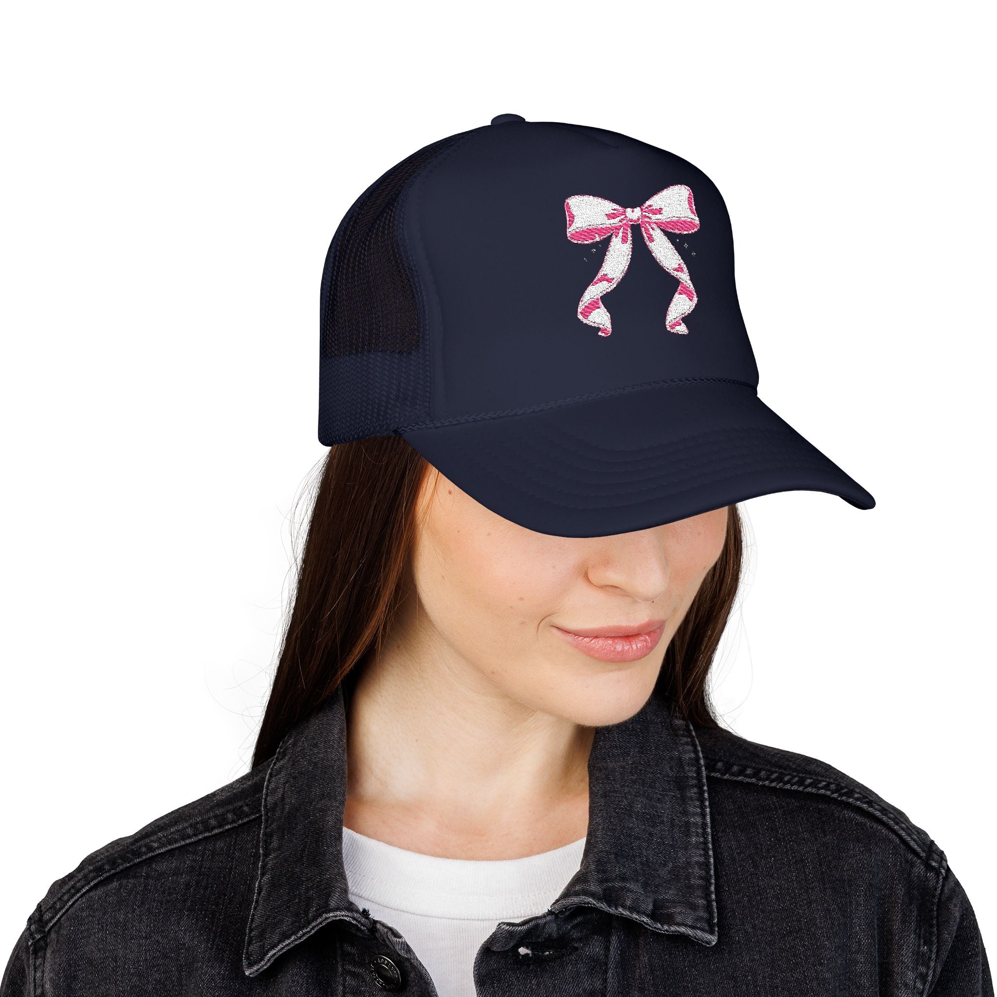 Bow Embroidered Trucker Hat — Pink Ribbon Detail Mesh Cap