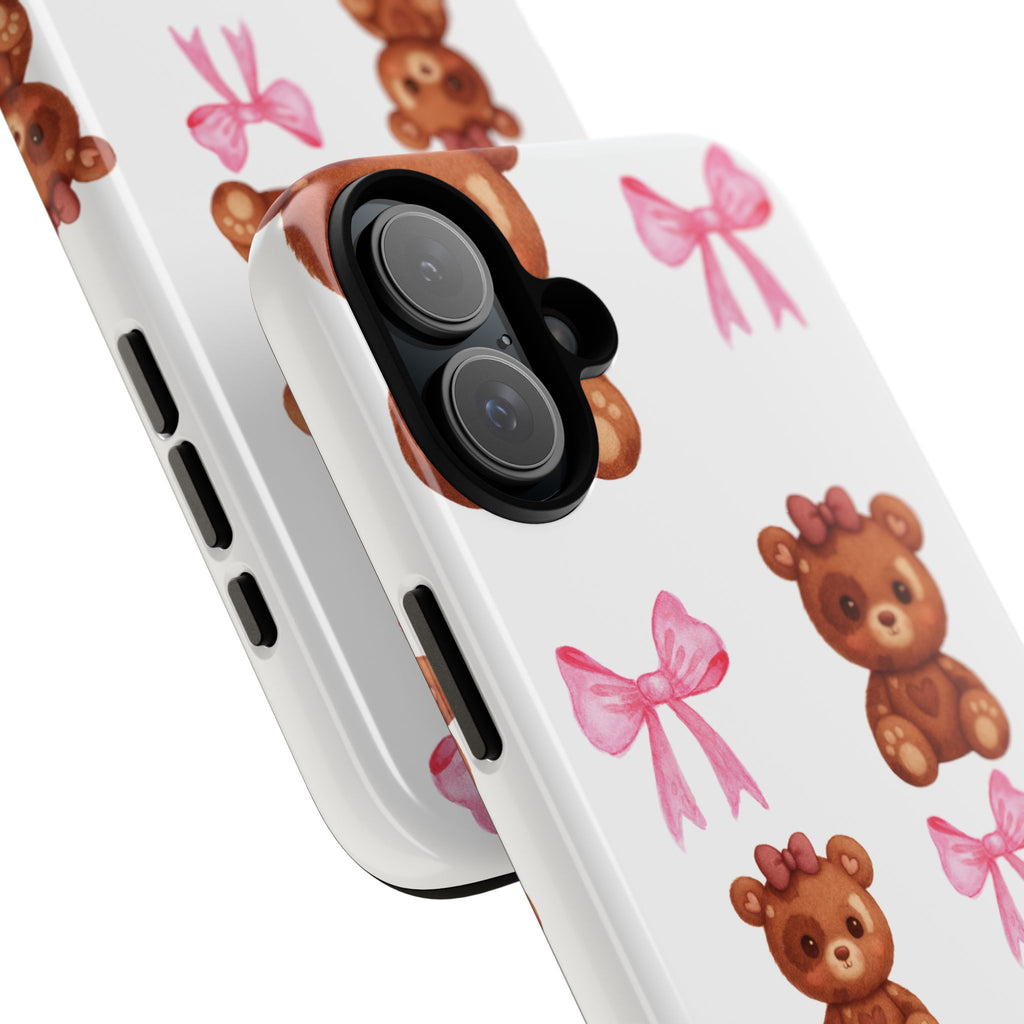 Cute Teddy Bear Phone Case – Pink Bows Patterned Protective iPhone Case