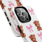 Cute Teddy Bear Phone Case – Pink Bows Patterned Protective iPhone Case