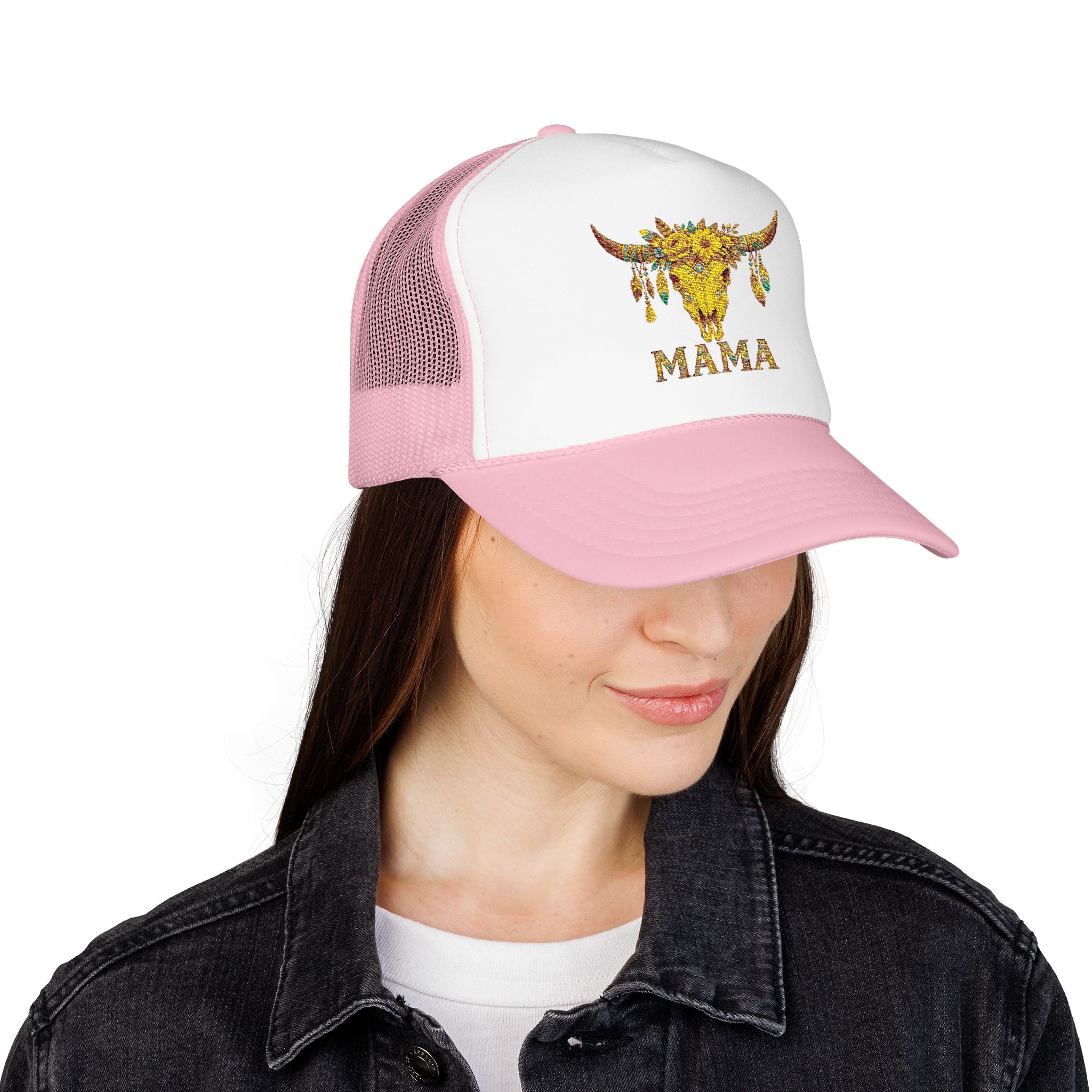 Mama Floral Bull Skull Embroidered Trucker Hat