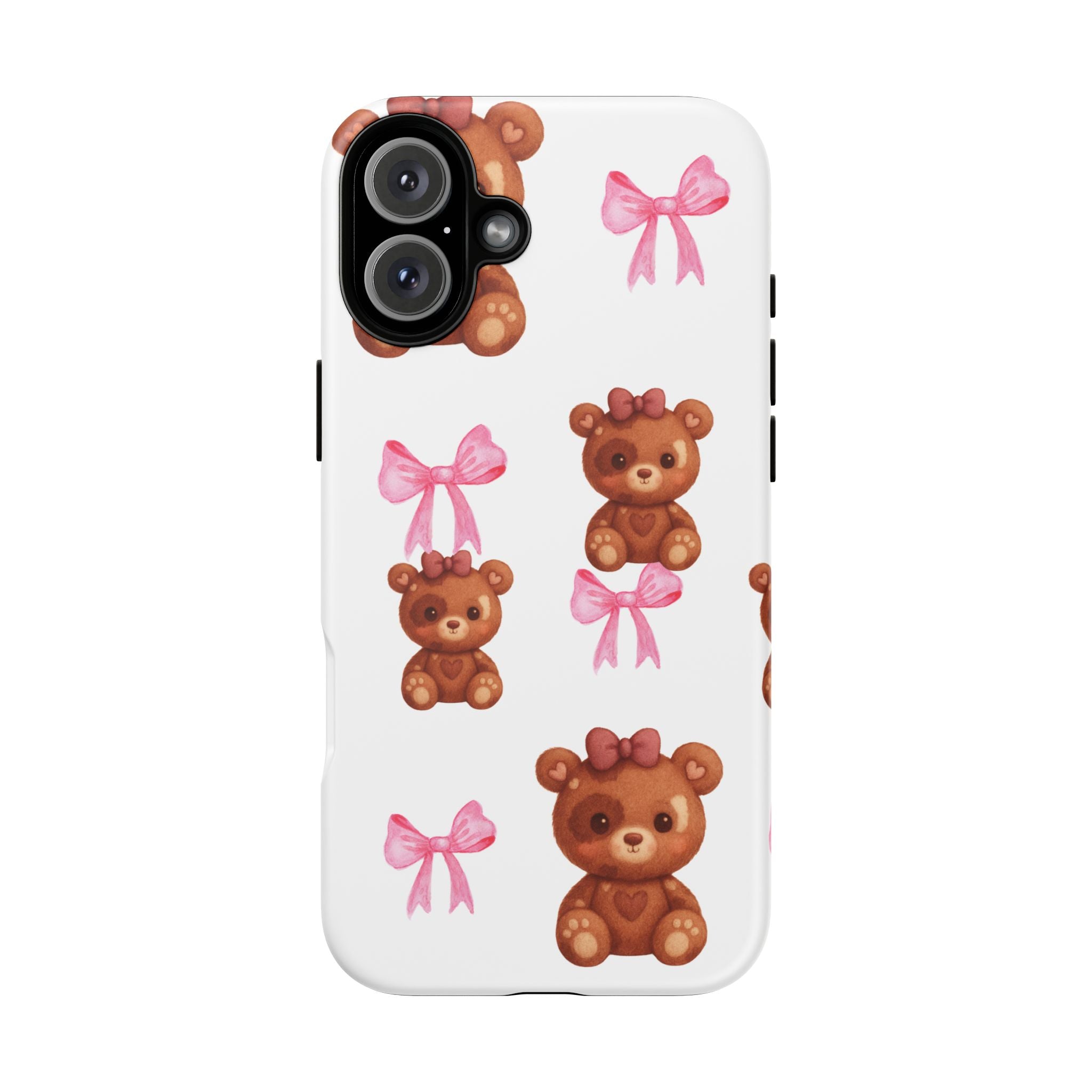 Cute Teddy Bear Phone Case – Pink Bows Patterned Protective iPhone Case