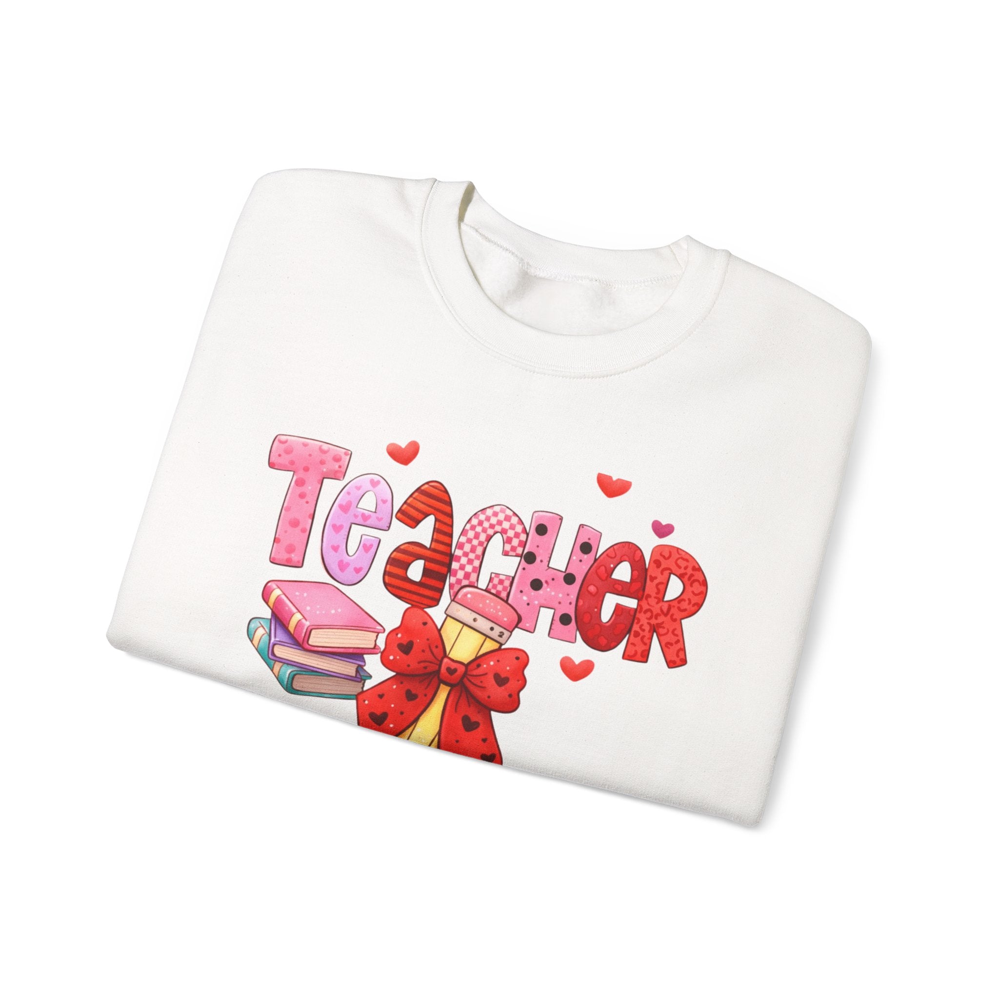 Teacher Heart Graphic Sweatshirt — Cute Books & Bow Design, Perfect for Teacher Gifts