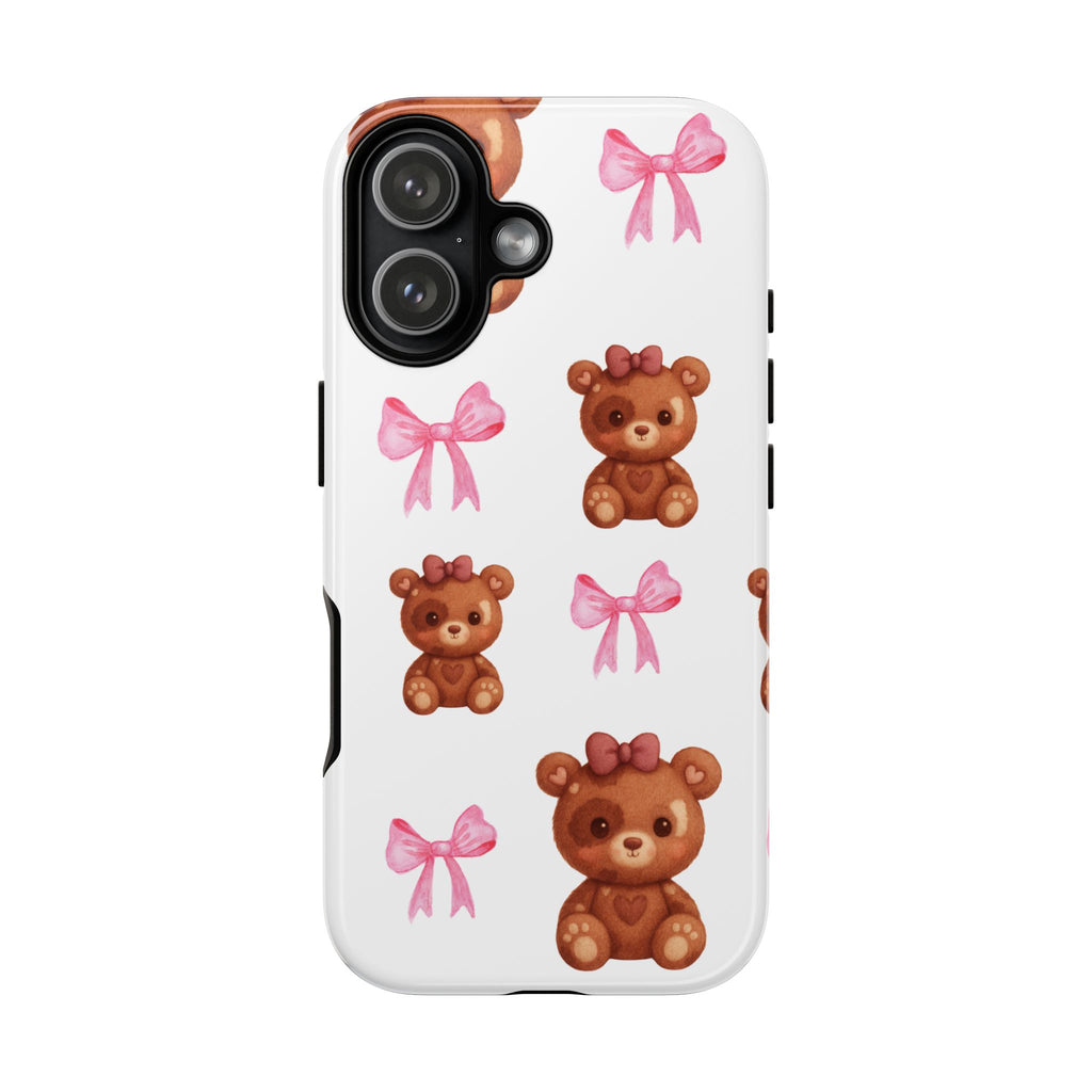 Cute Teddy Bear Phone Case – Pink Bows Patterned Protective iPhone Case