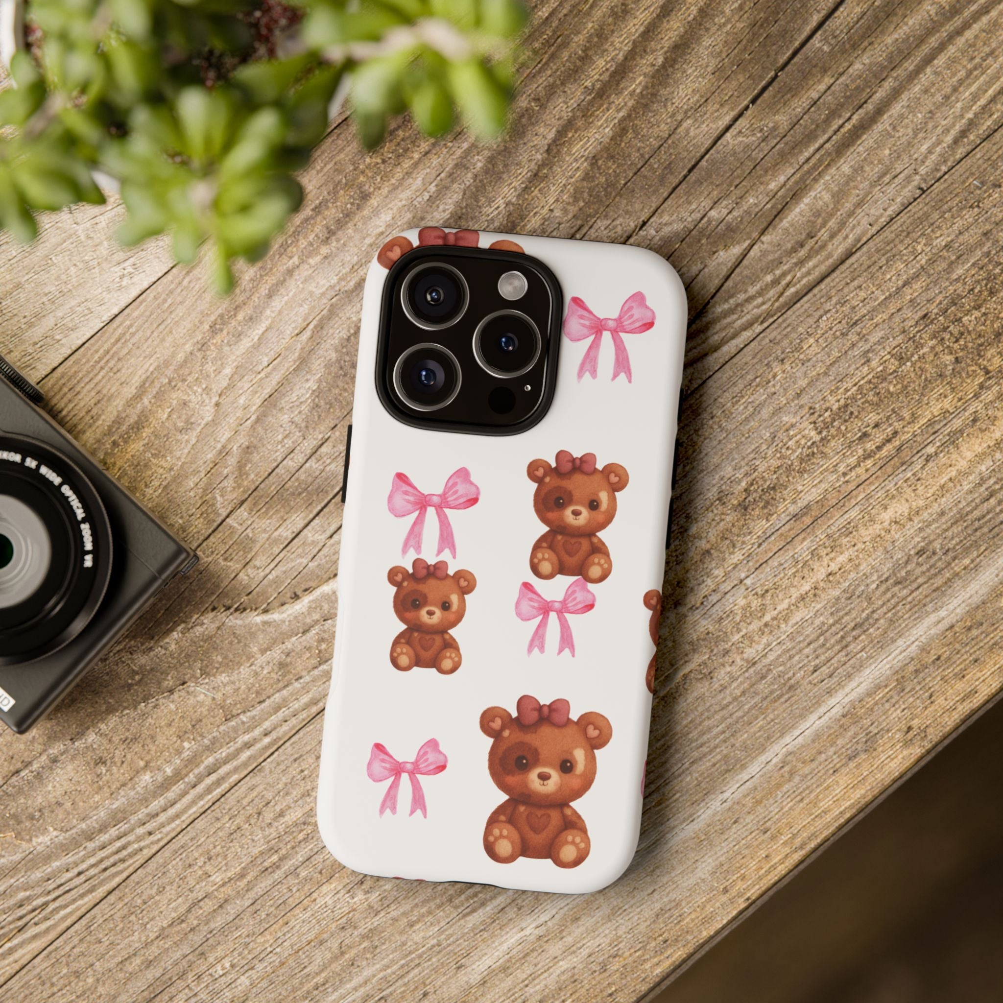 Cute Teddy Bear Phone Case – Pink Bows Patterned Protective iPhone Case